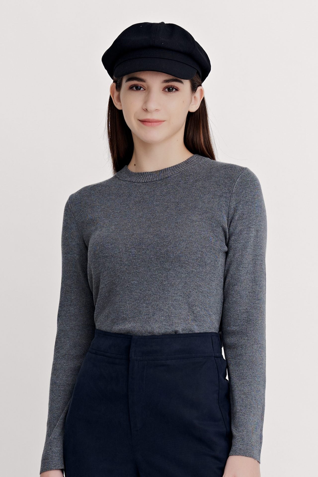 Knitted Ribbed Collar Long Sleeve Top - Dark Melange