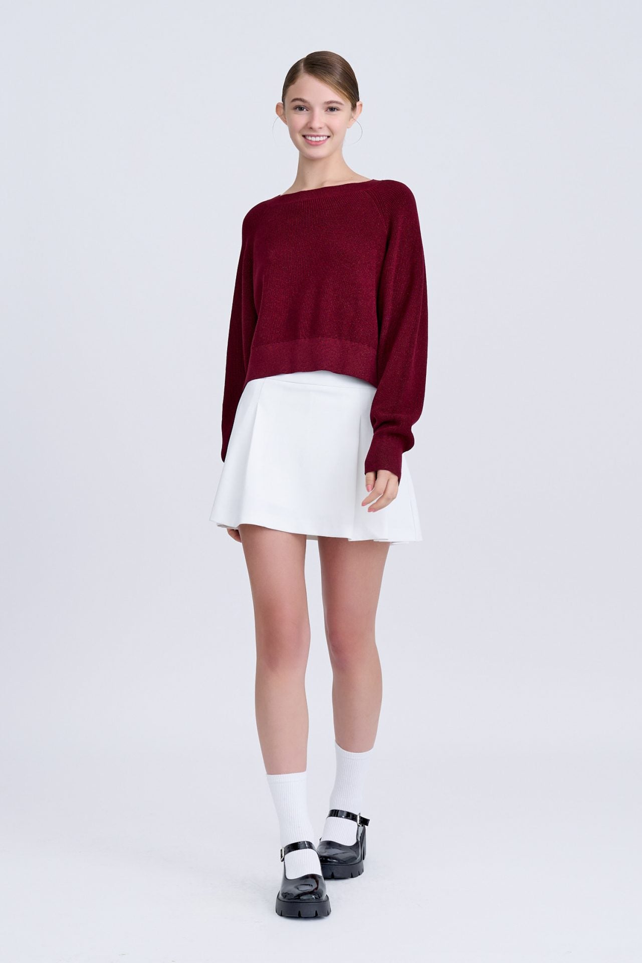 Knitted Long Sleeve Shimmer Sweater - Shimmer Burgundy