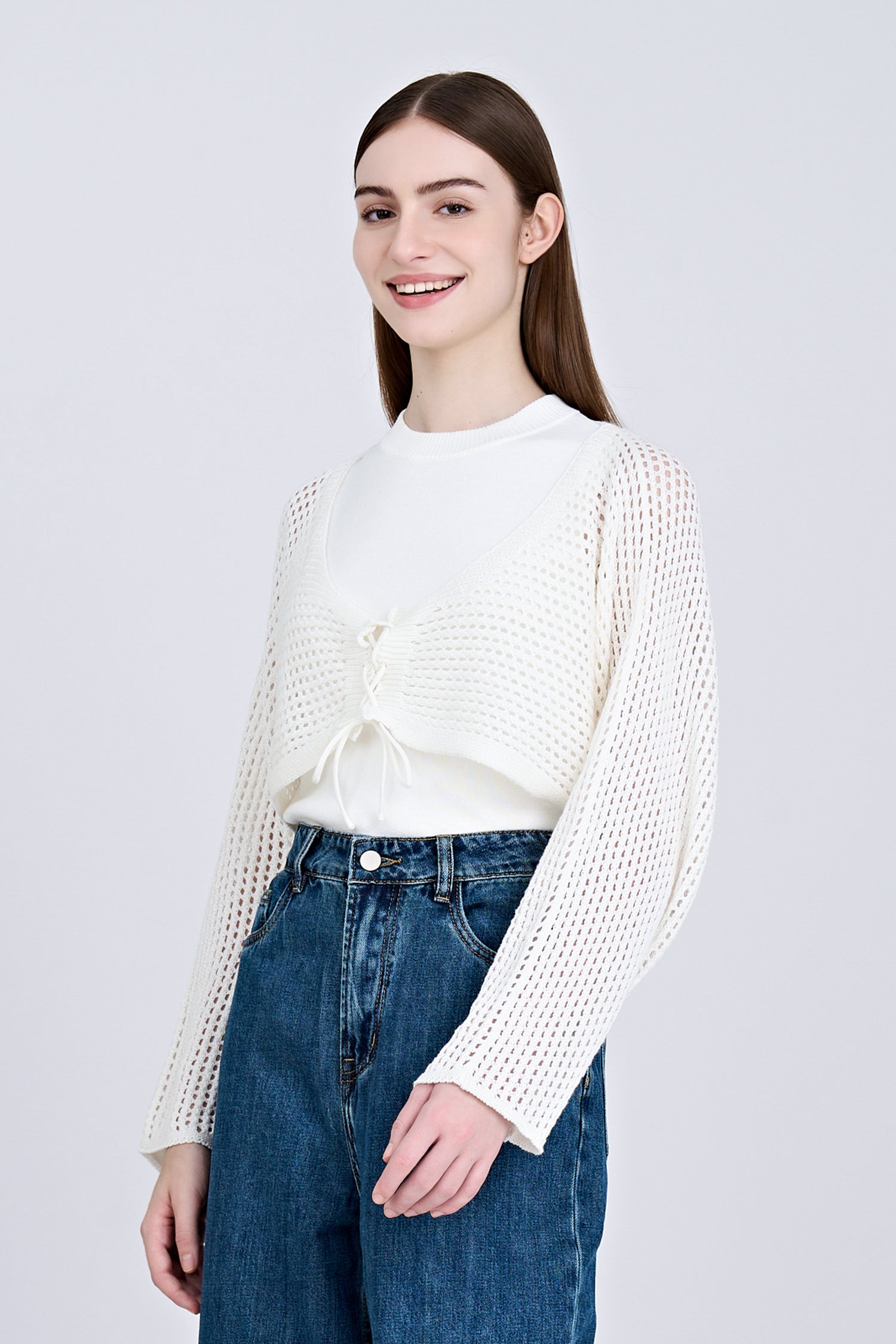 Knitted Mesh Cardigan - Cream