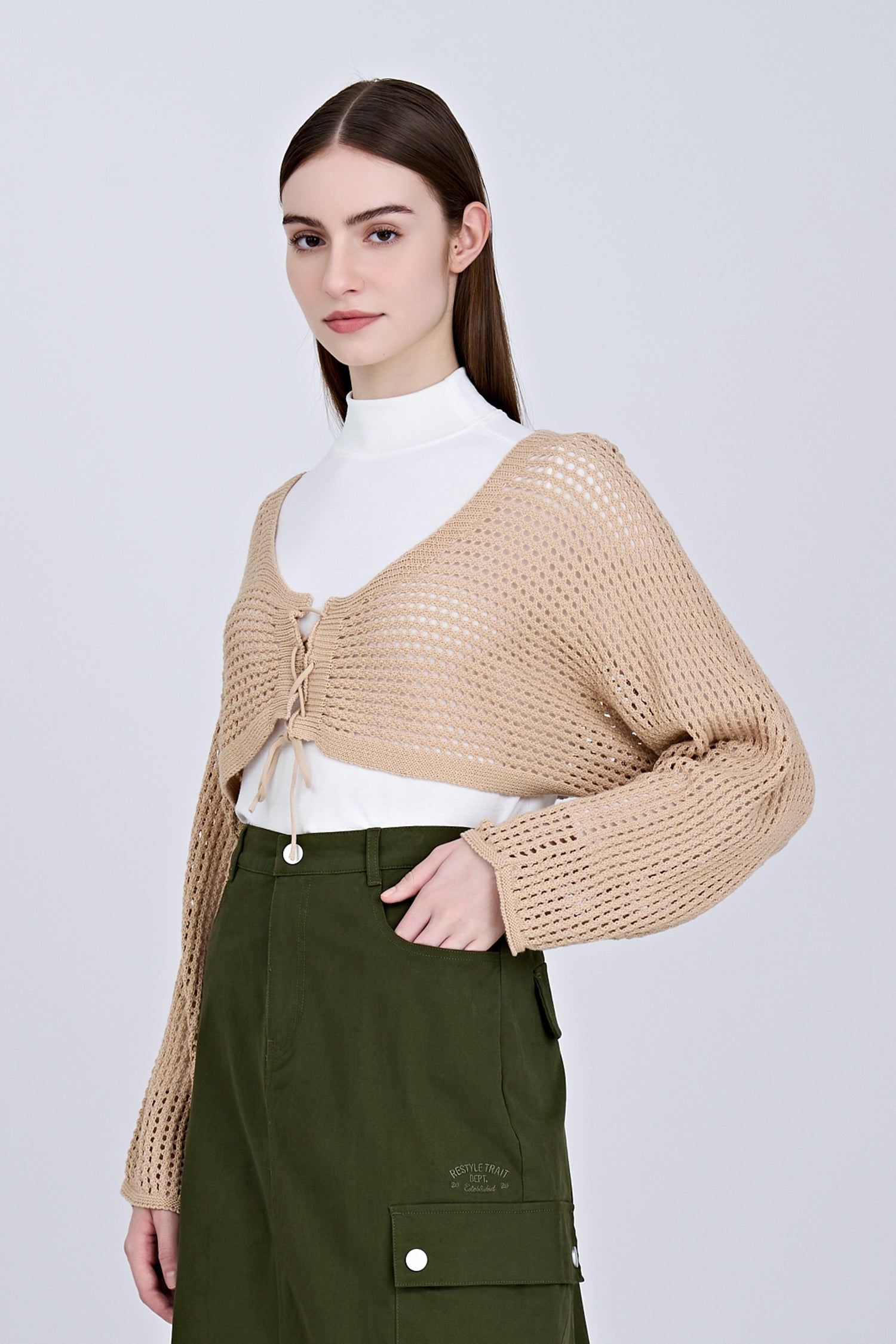 Knitted Mesh Cardigan - Khaki