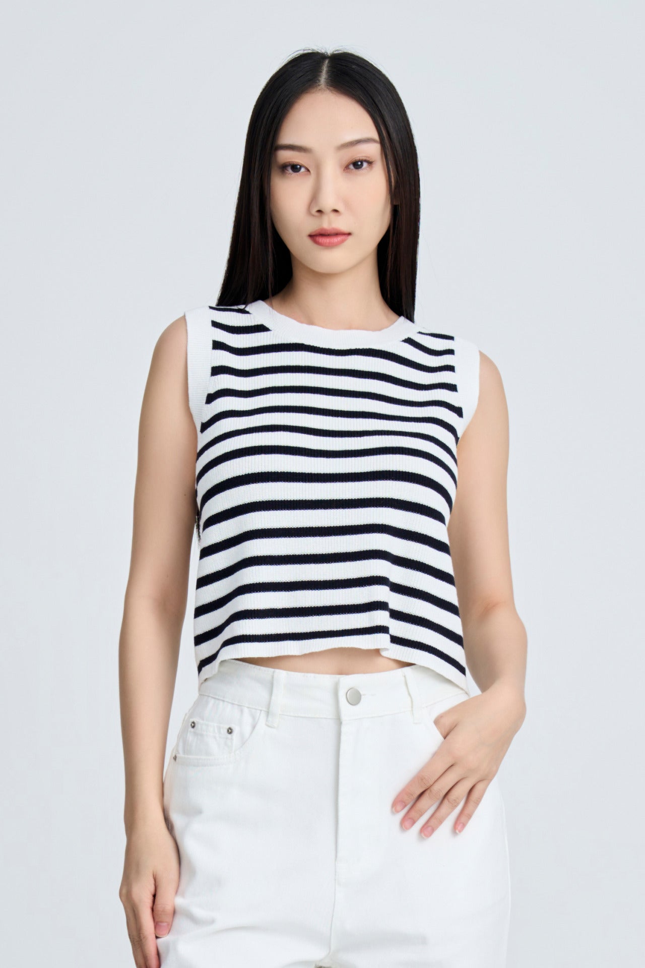 Knitted Striped Cropped Top - Navy