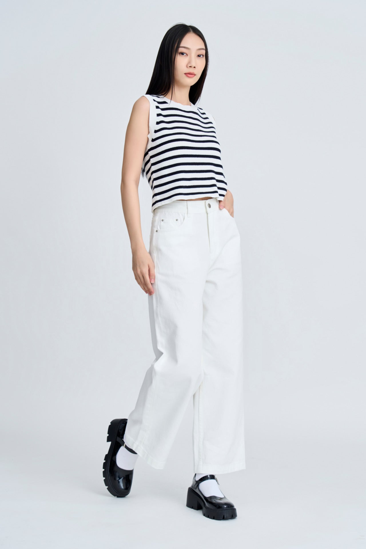 Knitted Striped Cropped Top - Navy