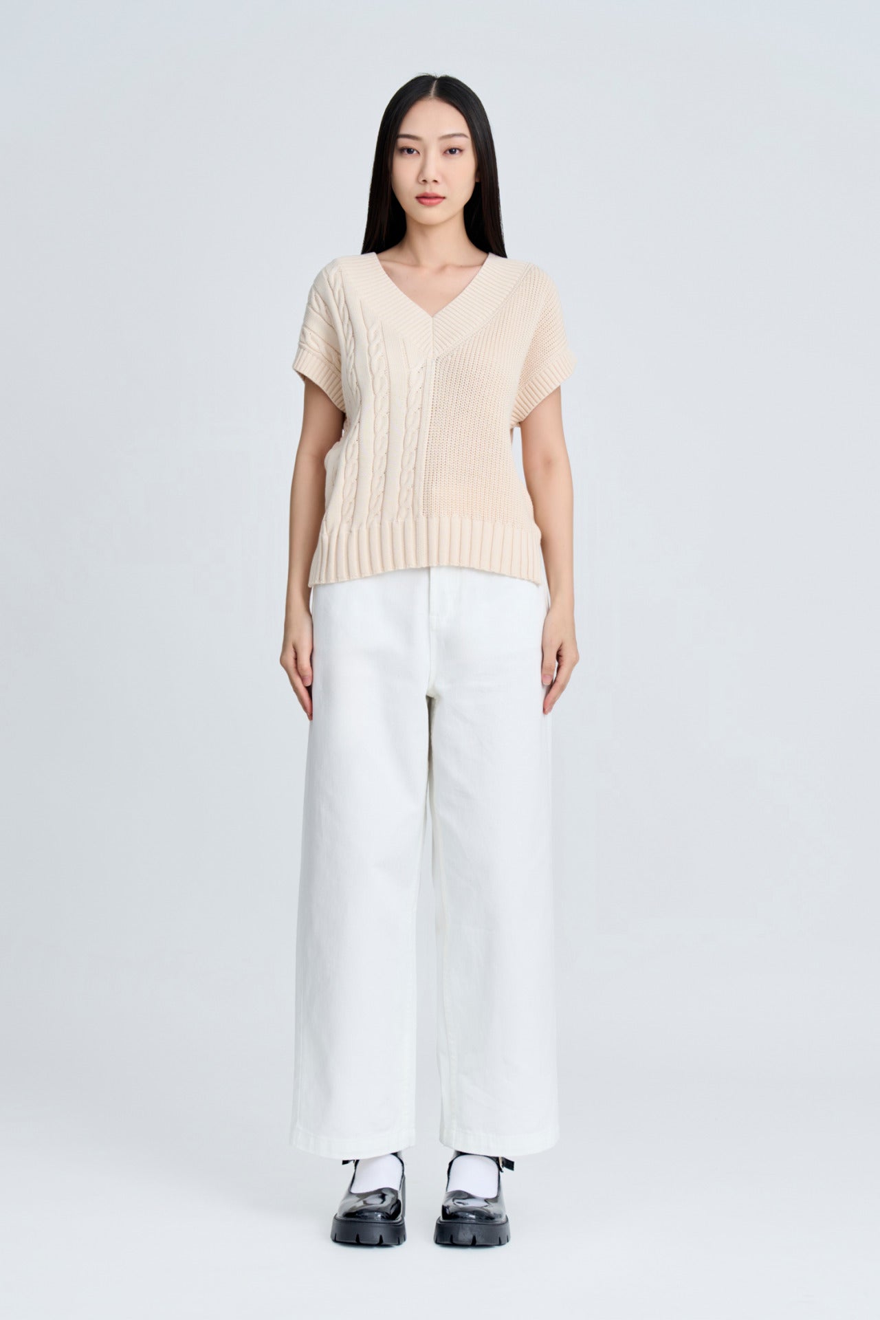 Asymmetric Cable Knit Sweater - Ecru