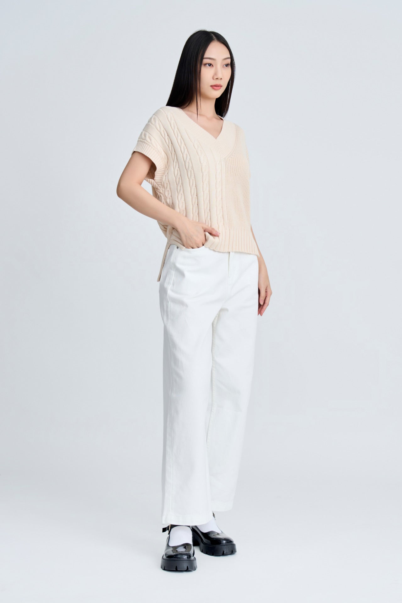 Asymmetric Cable Knit Sweater - Ecru