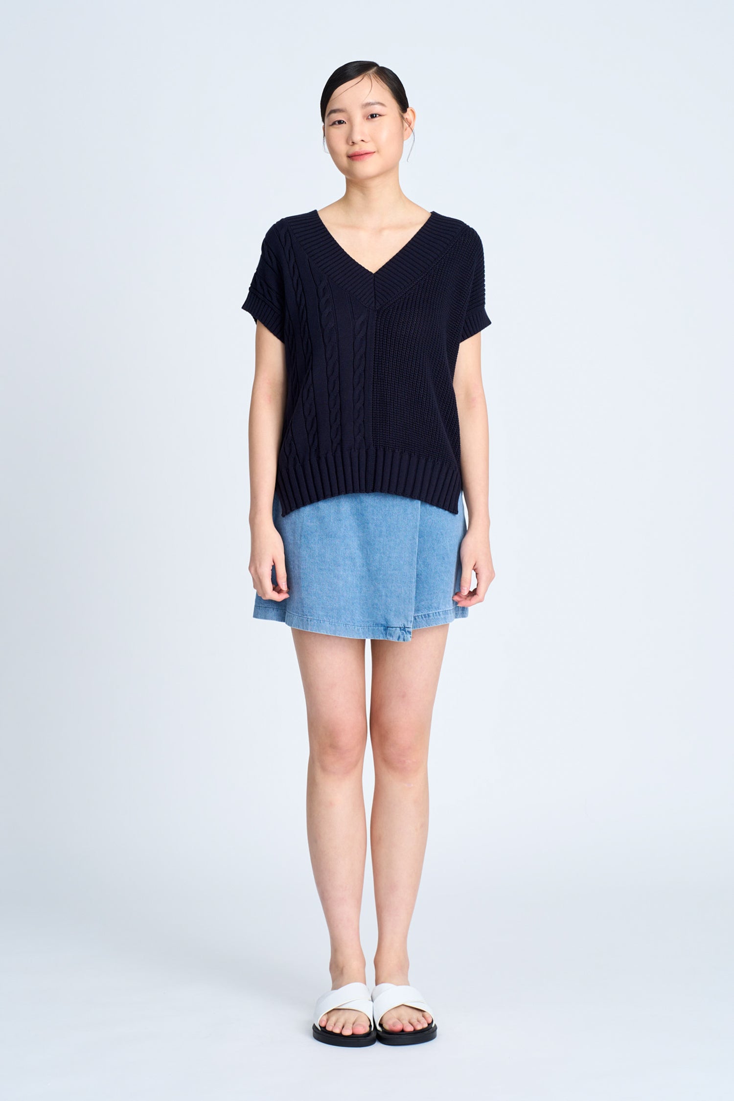 Asymmetric Cable Knit Sweater - Navy