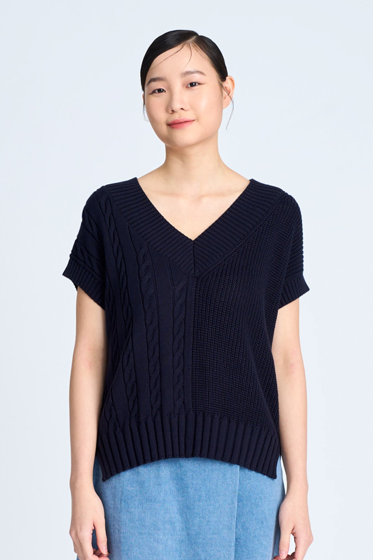 Asymmetric Cable Knit Sweater - Navy