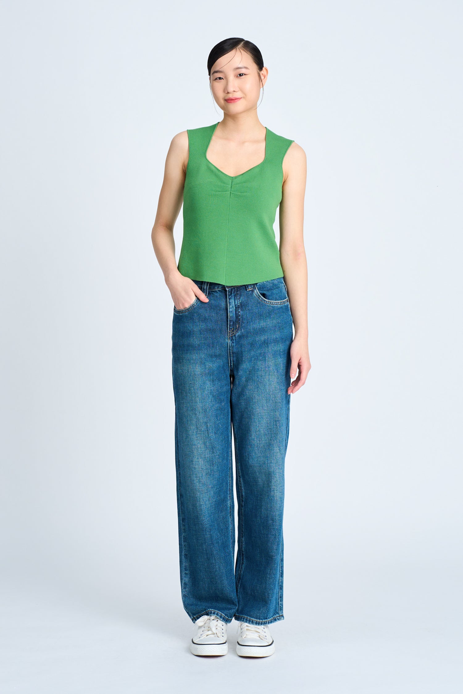 Knitted Front Ruche Top - Clover Green