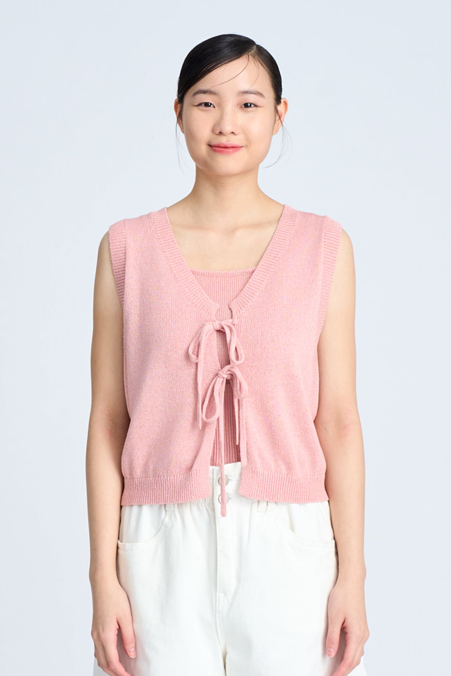 Knitted Bow Open Front Top - Blush