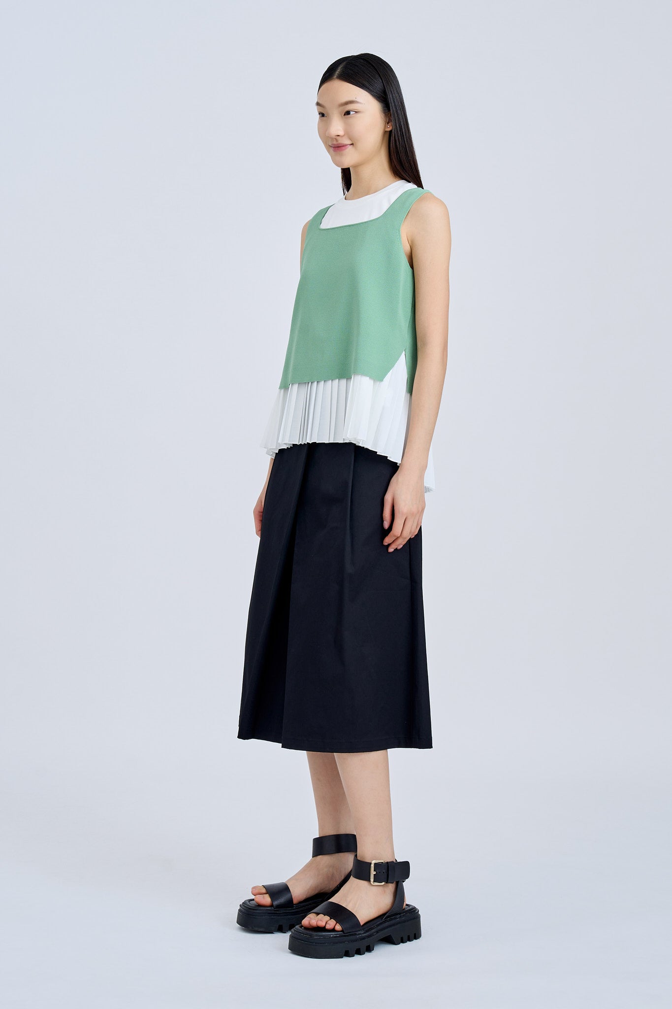 Knitted Two-Piece Pleated Top - Ice Green