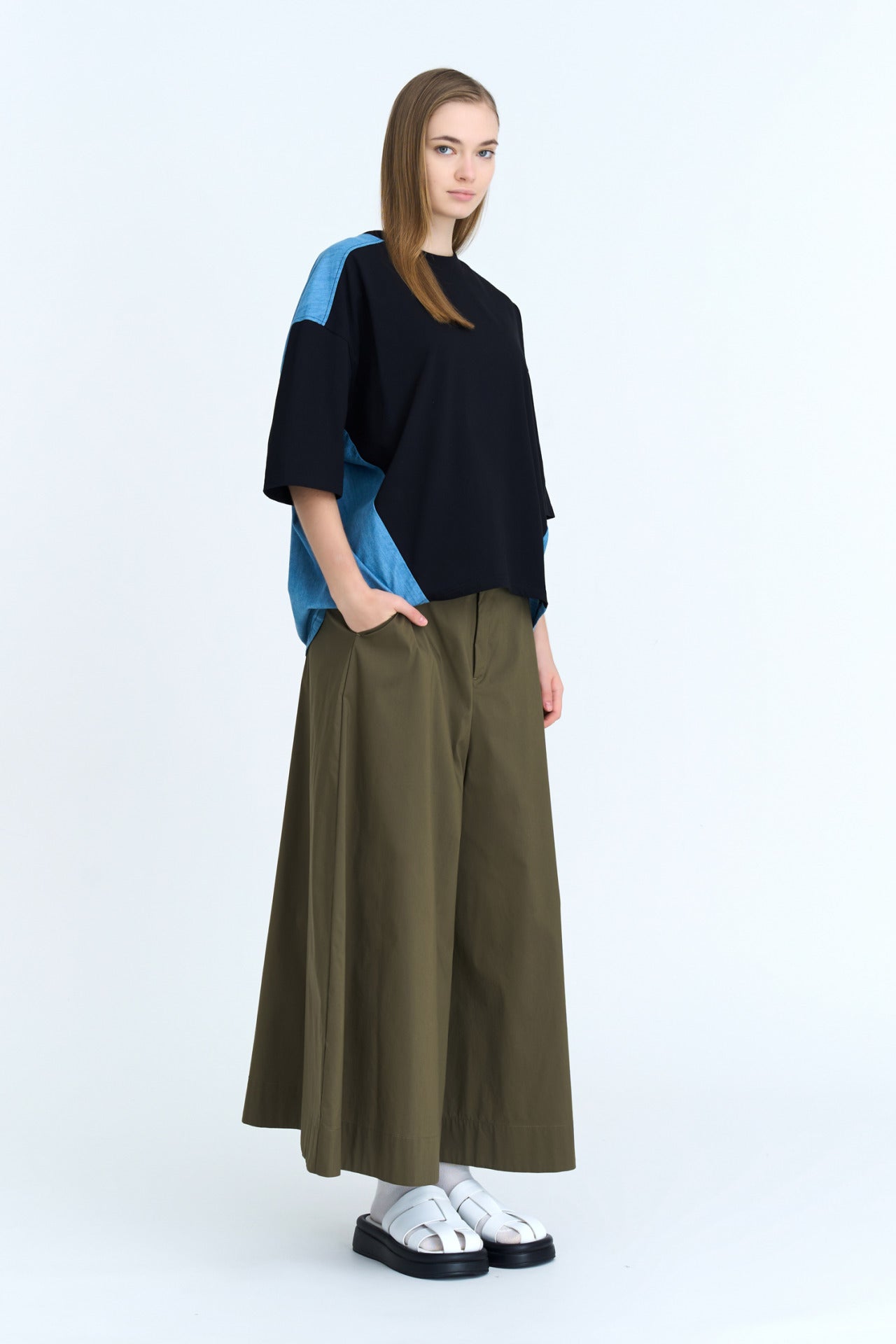 Patch Pocket Wide-Legged Pants - Khaki Green