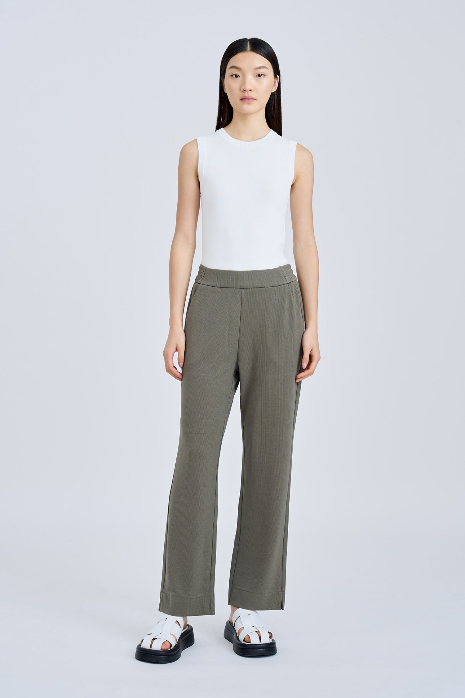 Pull-Up Straight Trousers - Khaki Green