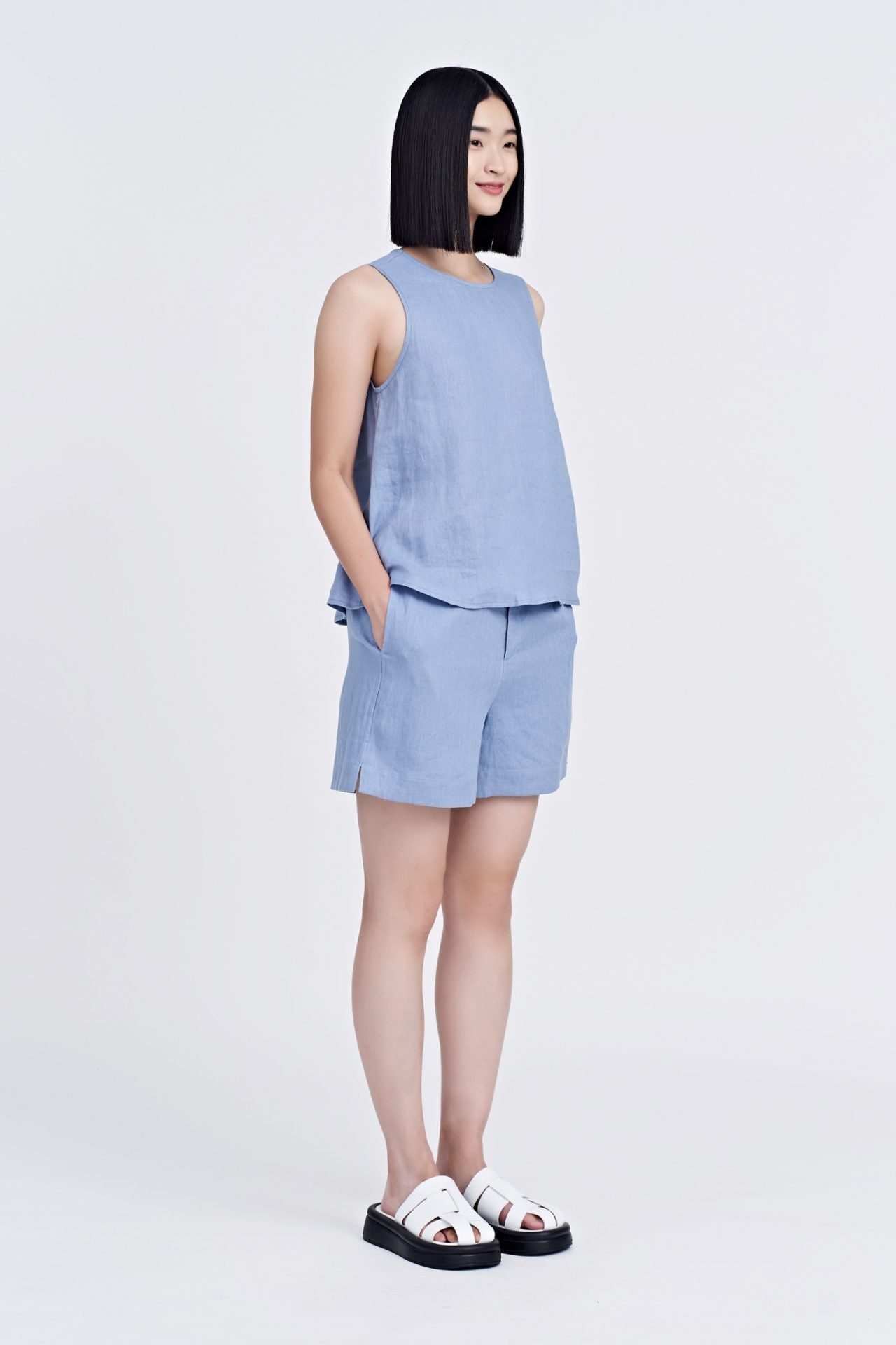 Linen Pleated Shorts - Dusty Blue