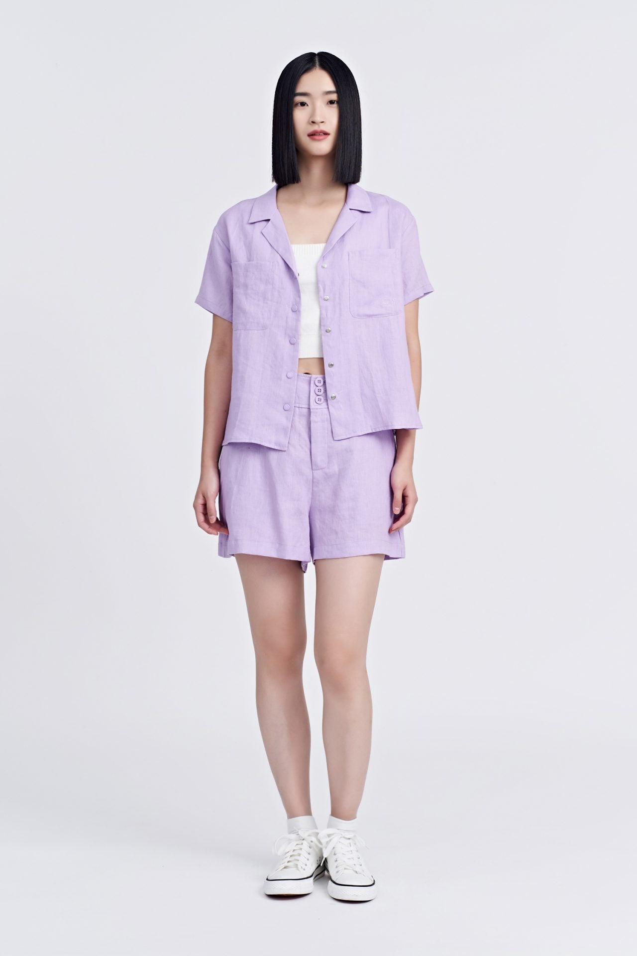 Linen Frt Fly Shorts - Lilac