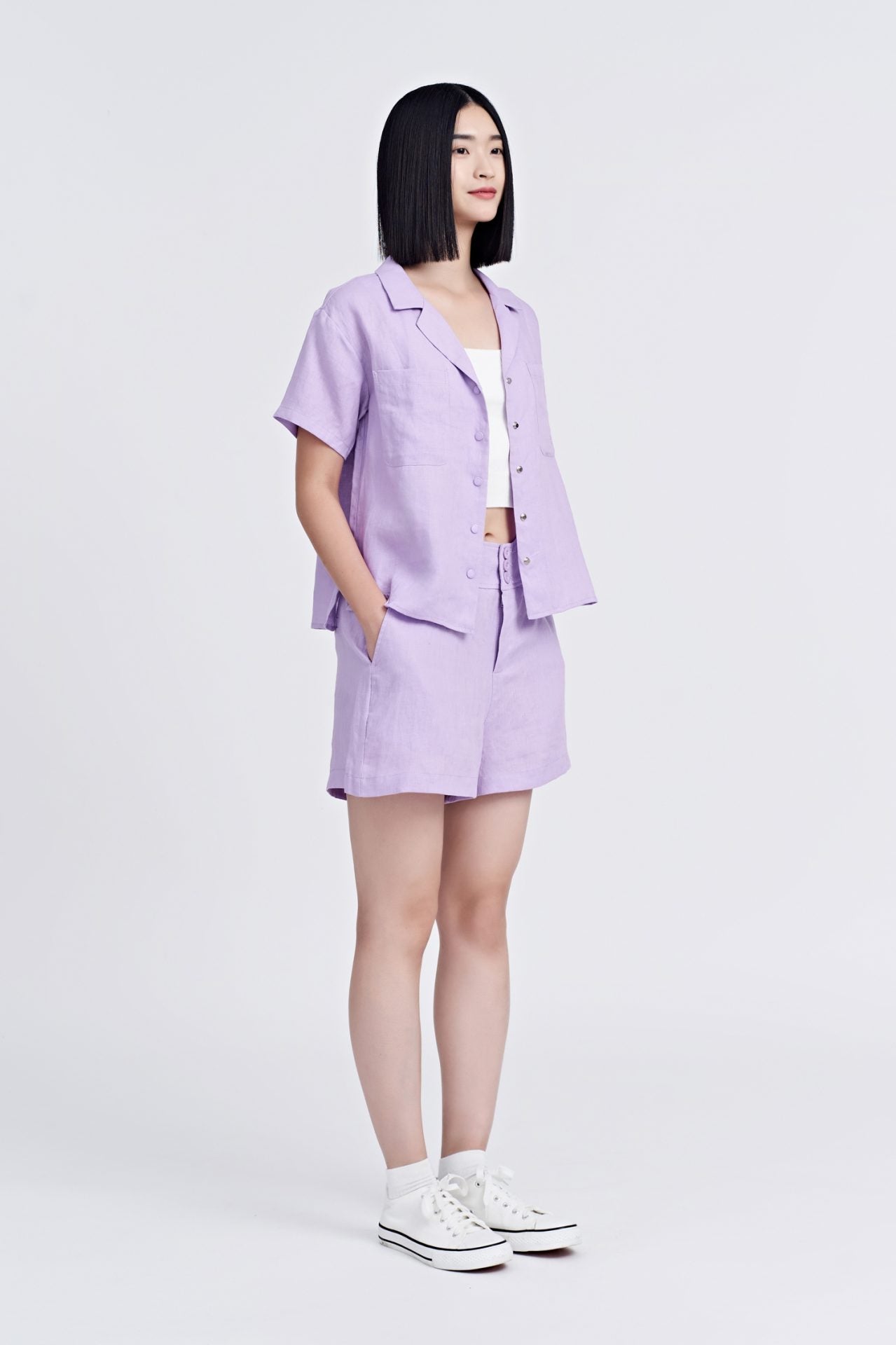 Linen Frt Fly Shorts - Lilac