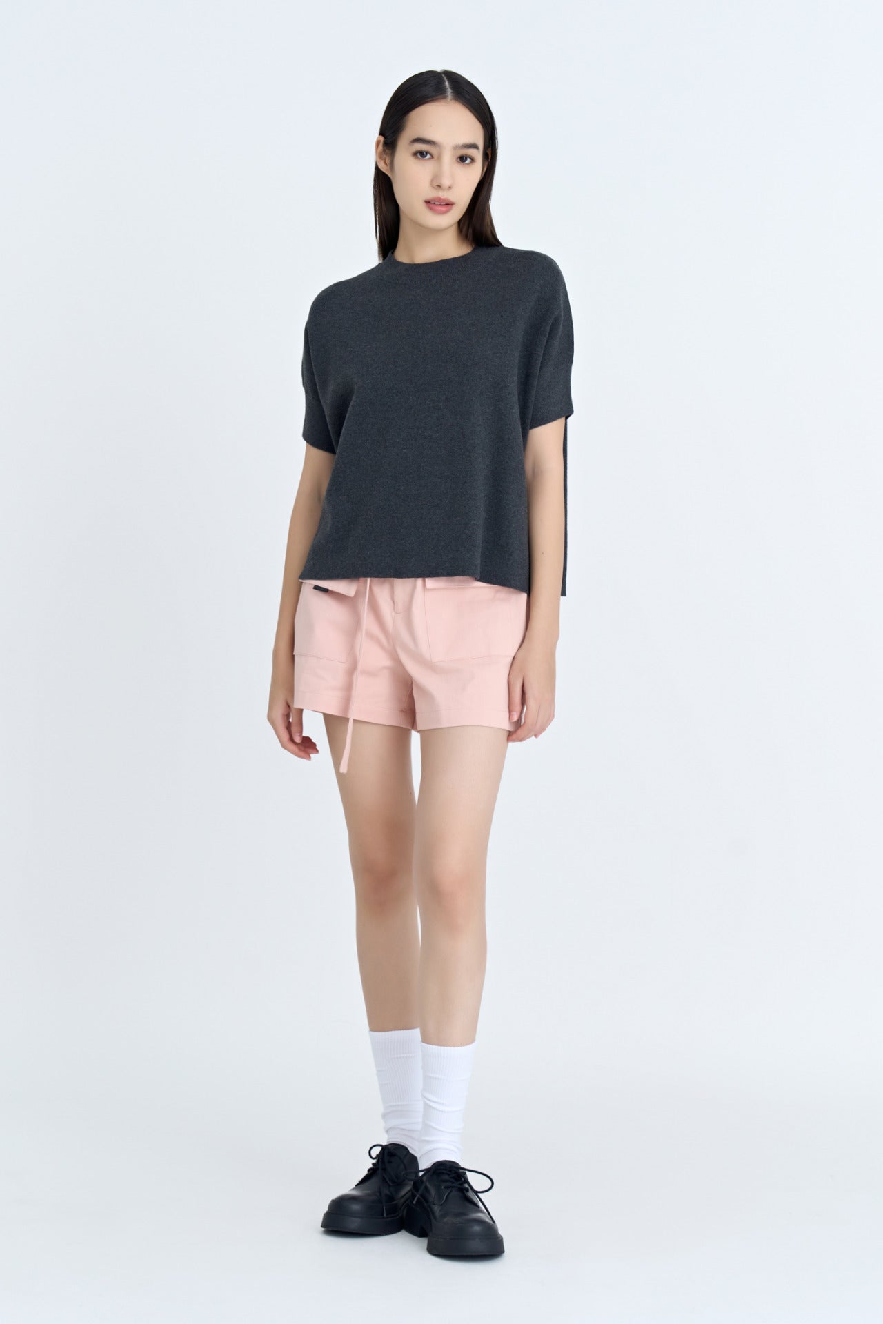 Wide Cut Knit Top - Dark Melange Grey