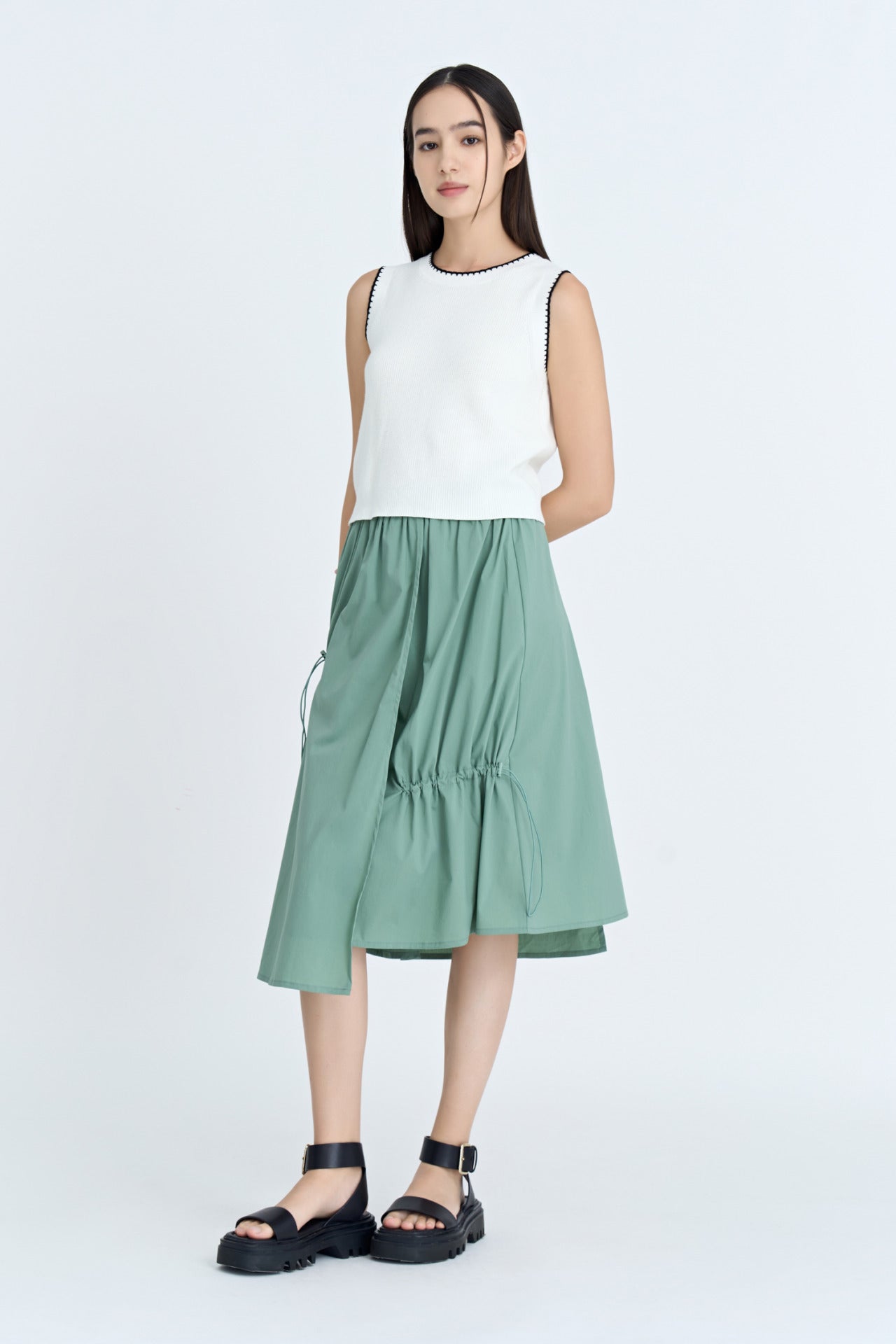 Asymmetric Drawstring Skirt - Forest Green