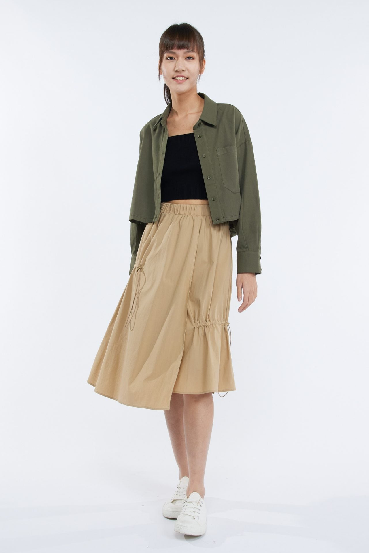 Asymmetric Drawstring Skirt - Khaki