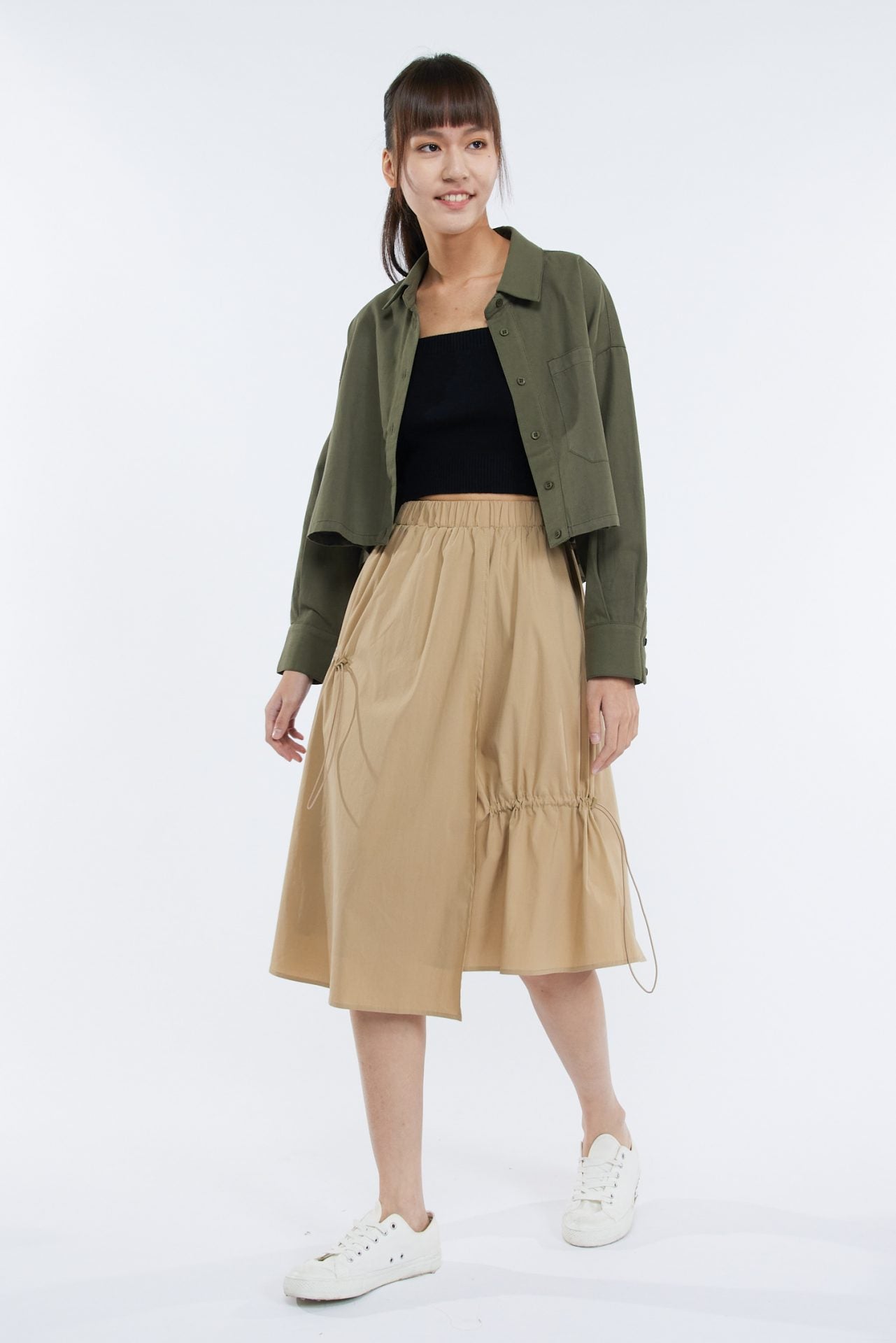 Asymmetric Drawstring Skirt - Khaki