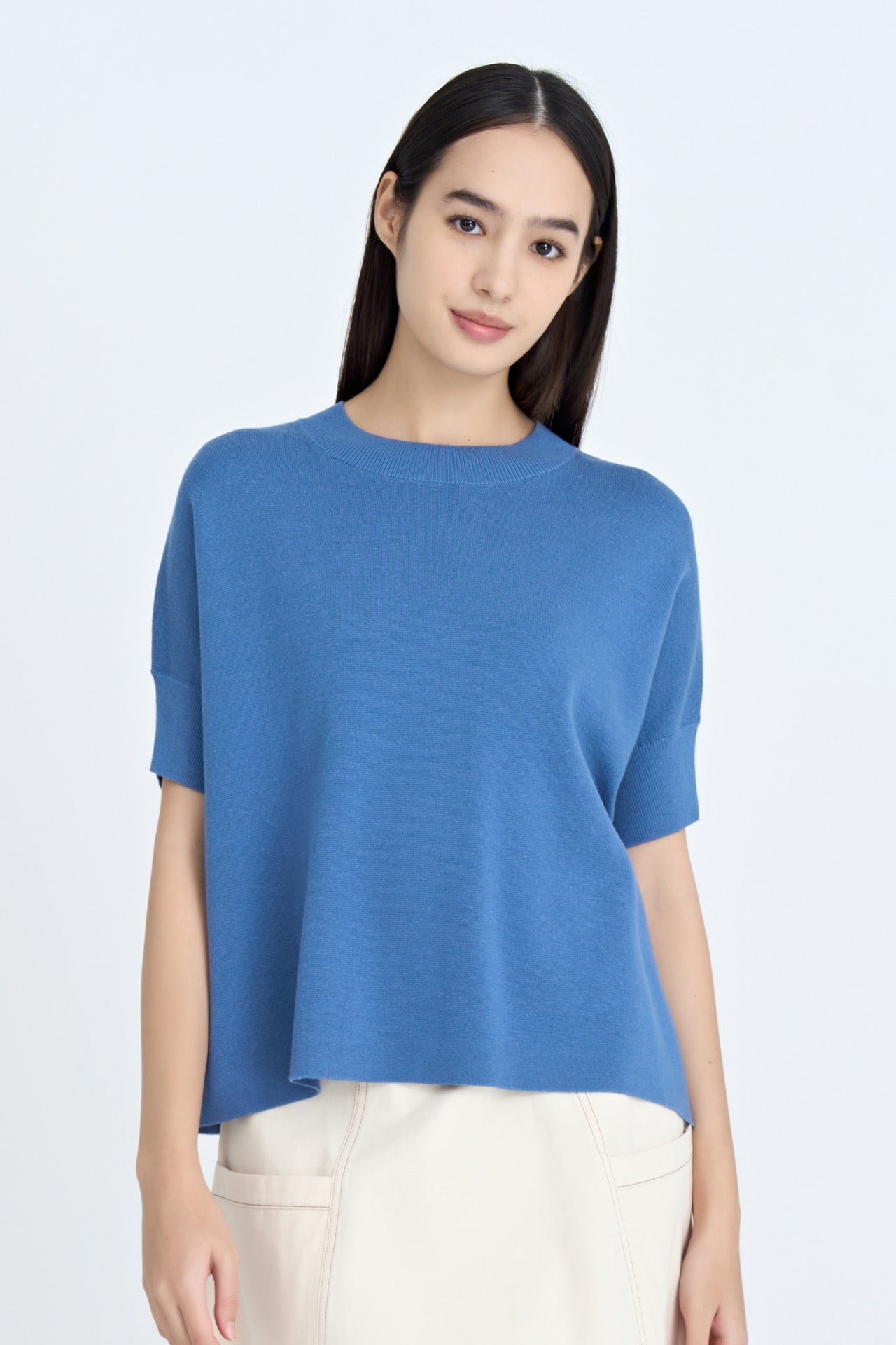 Wide Cut Knit Top - Denim Blue