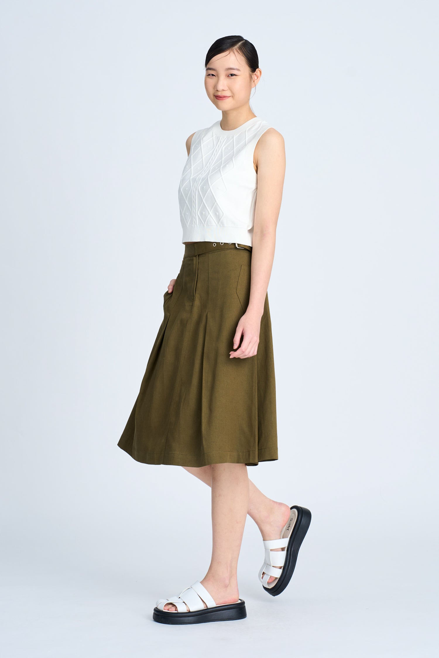 Buckle Pleated Skirt - Army Green