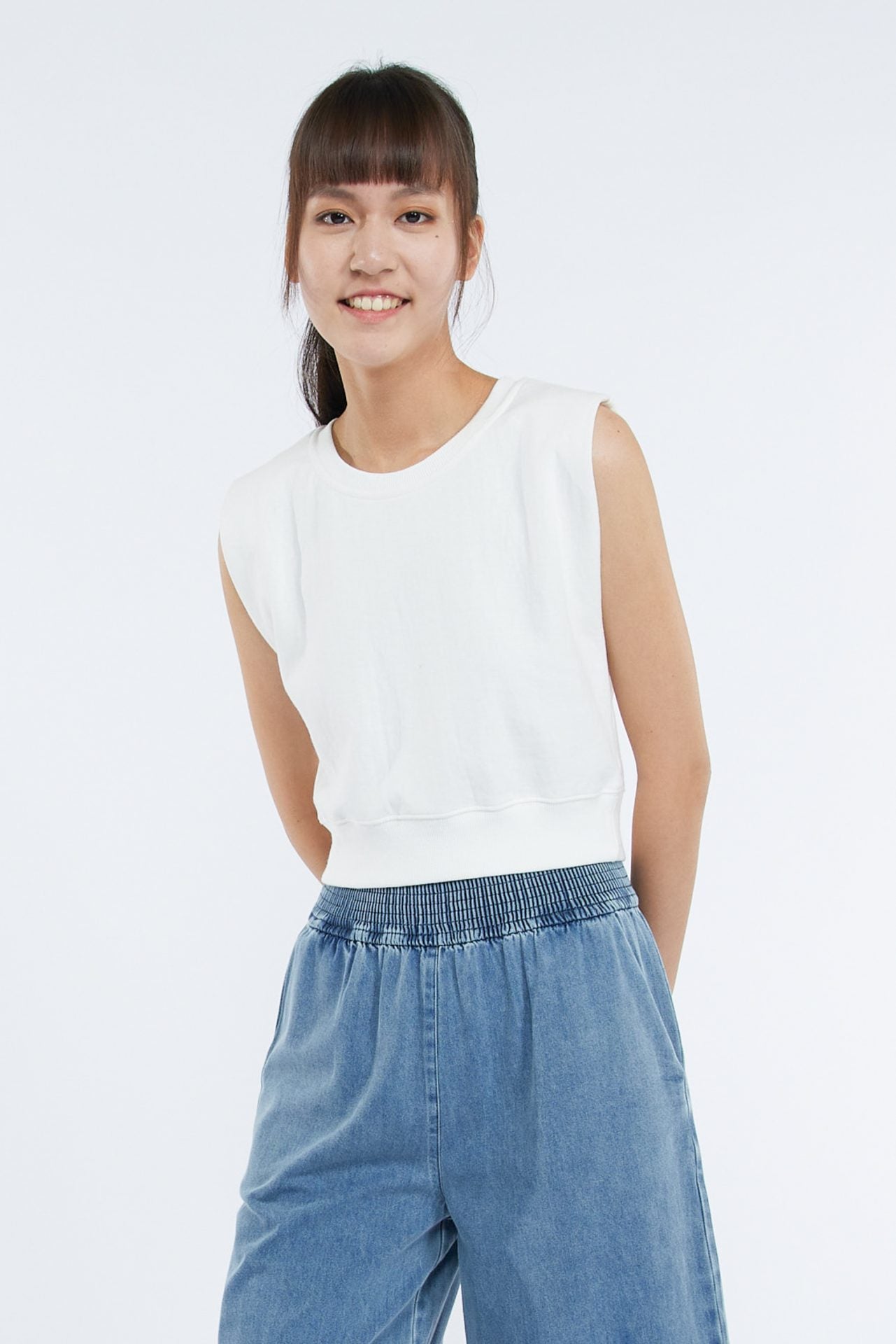 Cotton Shoulder Padded Tee - Cream