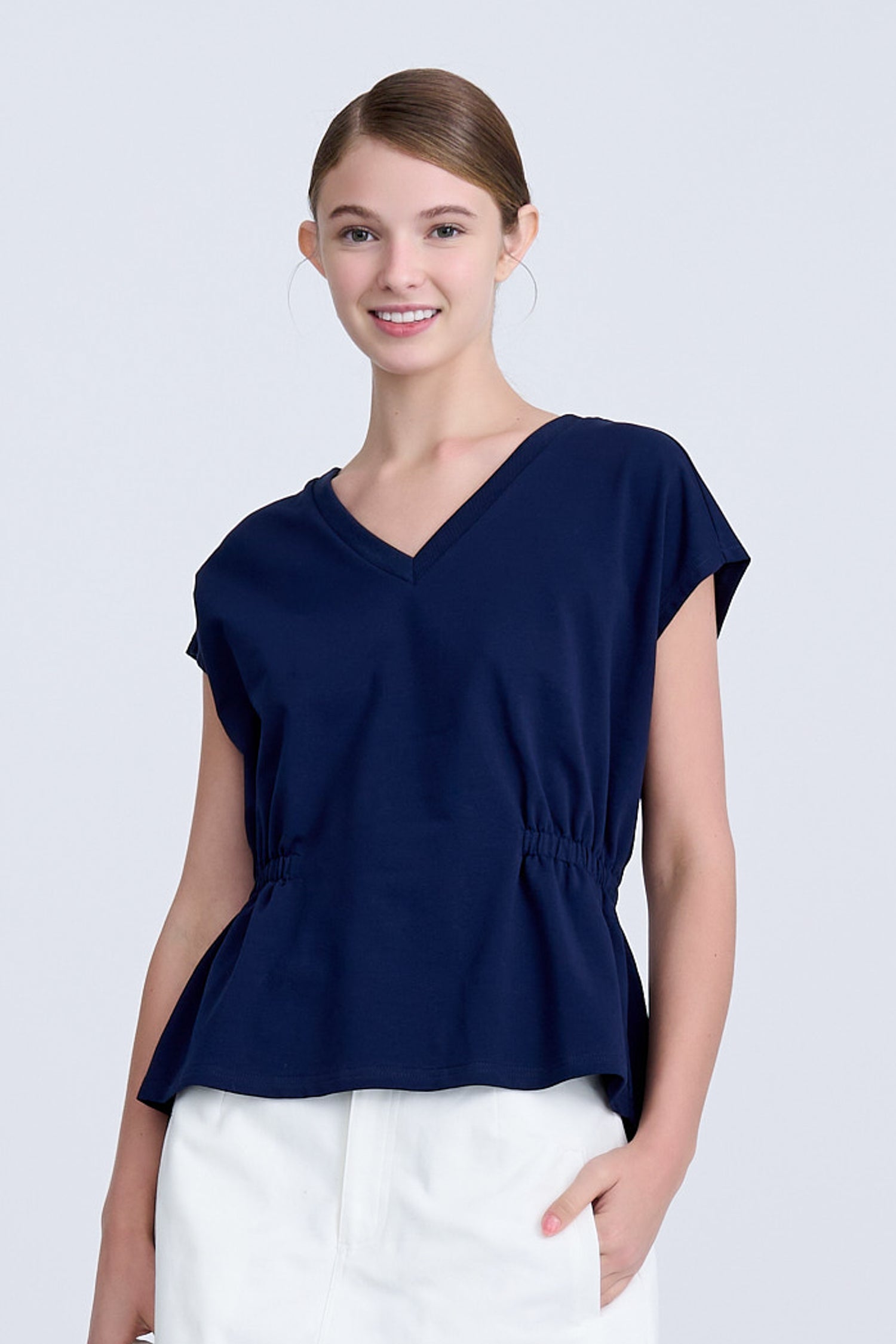 Elasticated Waist V-Neck Tee - Navy