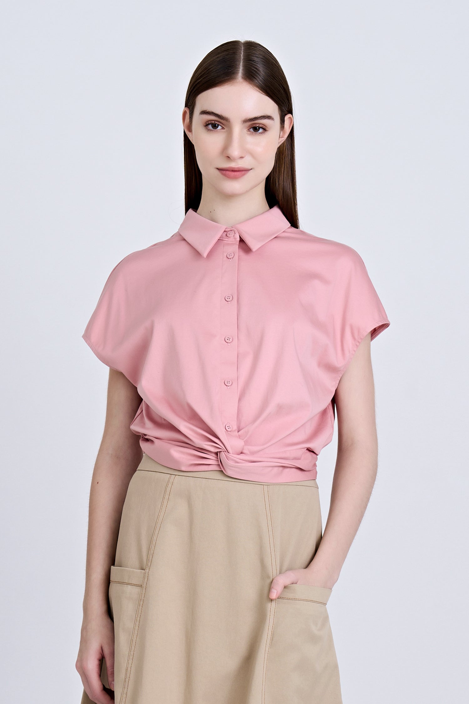 Front Twist Knot Blouse - Blush