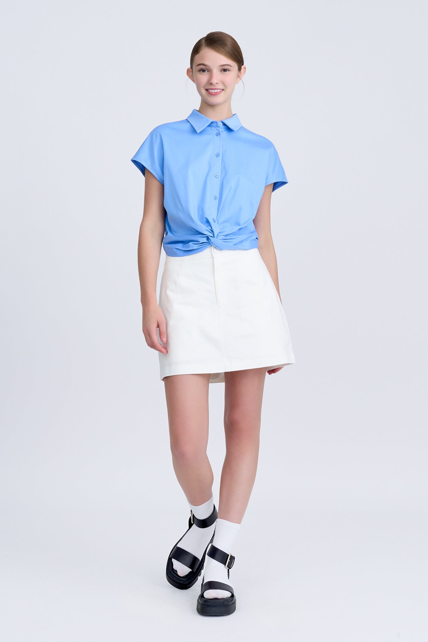 Front Twist Knot Blouse - Cornflower