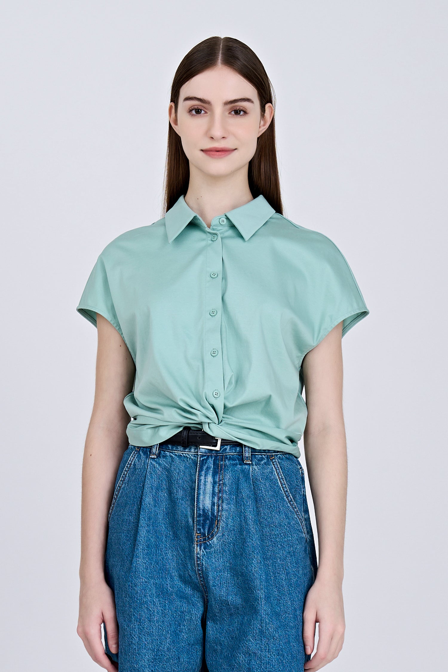 Front Twist Knot Blouse - Ice Green