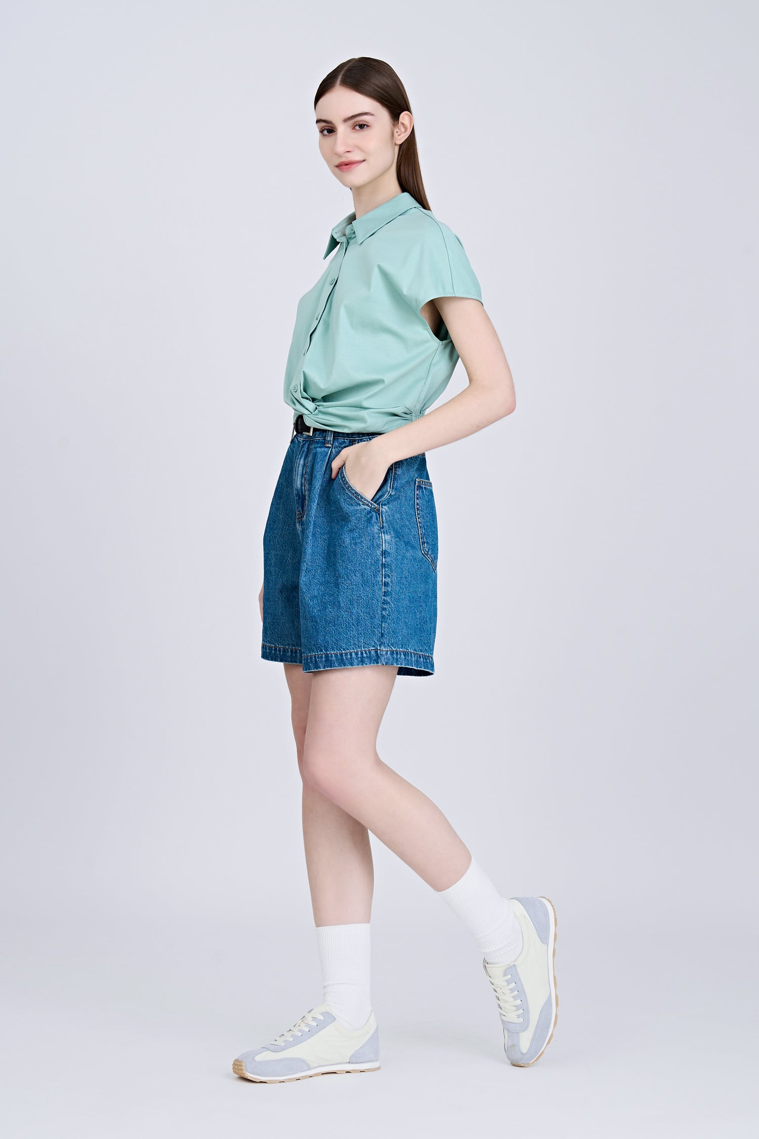 Front Twist Knot Blouse - Ice Green