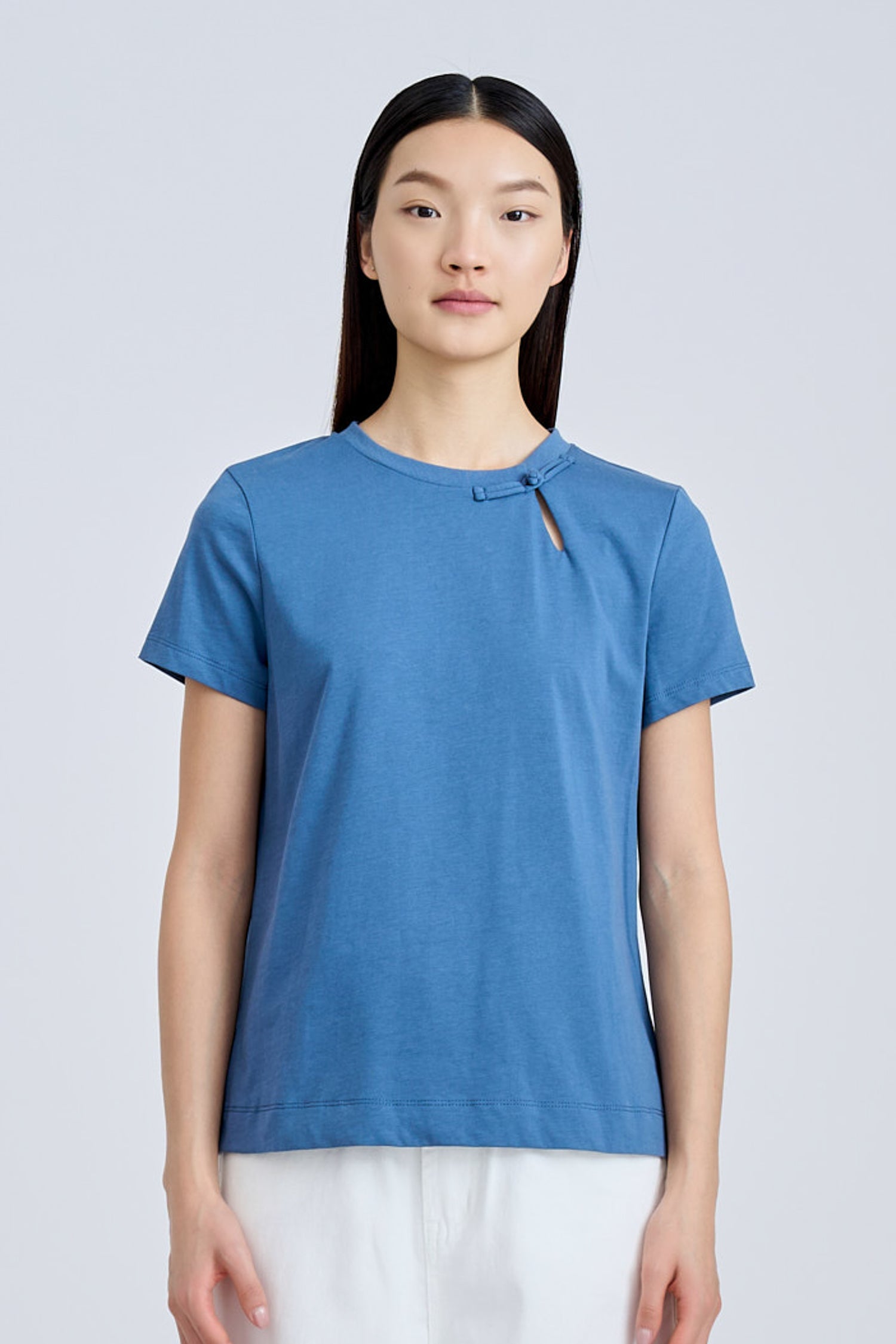 Mandarin Button Knot Tee - Denim Blue