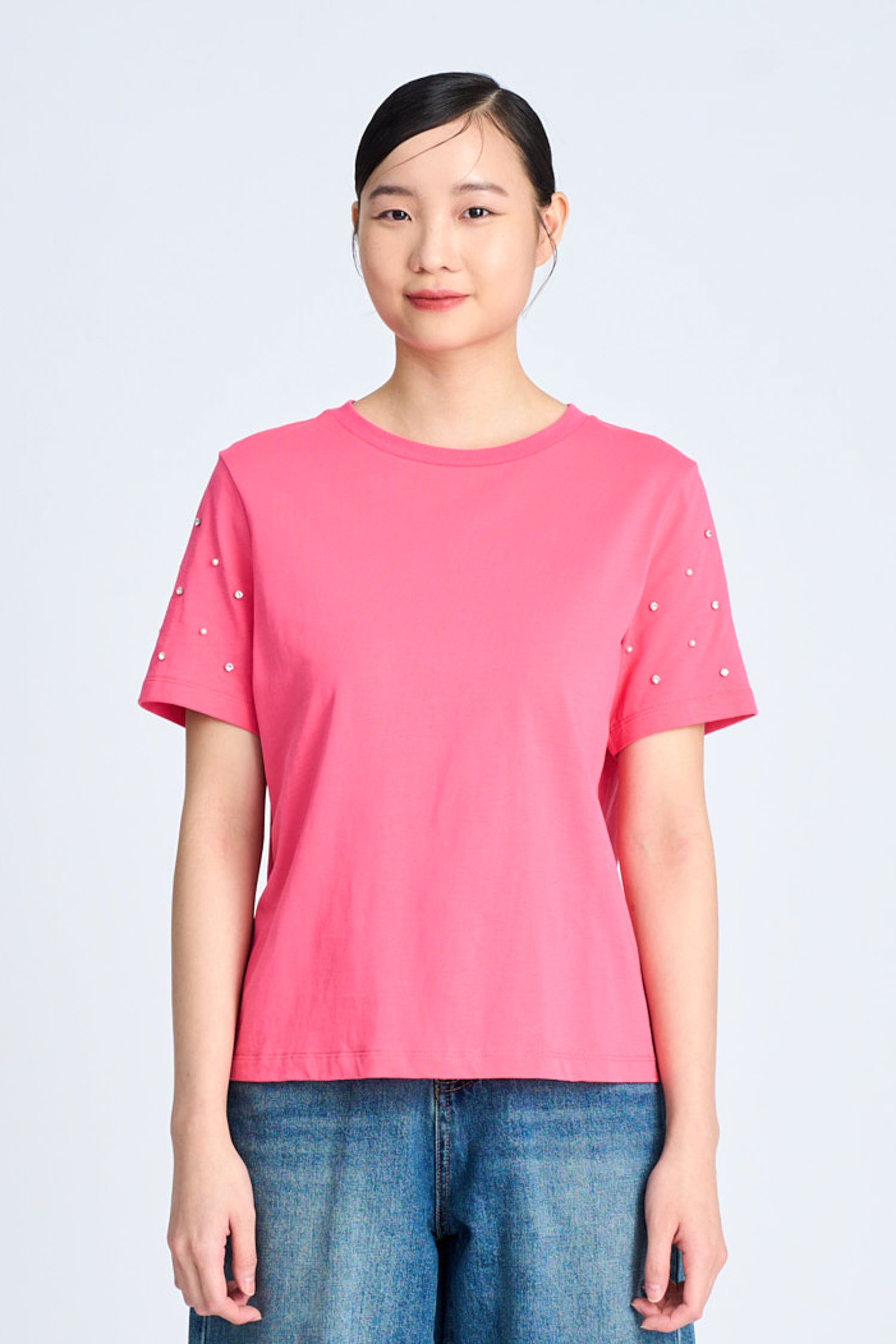 Rhinestone Sleeve Tee - Hot Pink