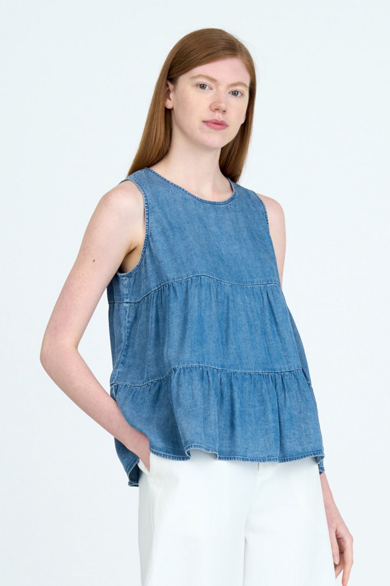 Denim Tiered Sleeveless Blouse