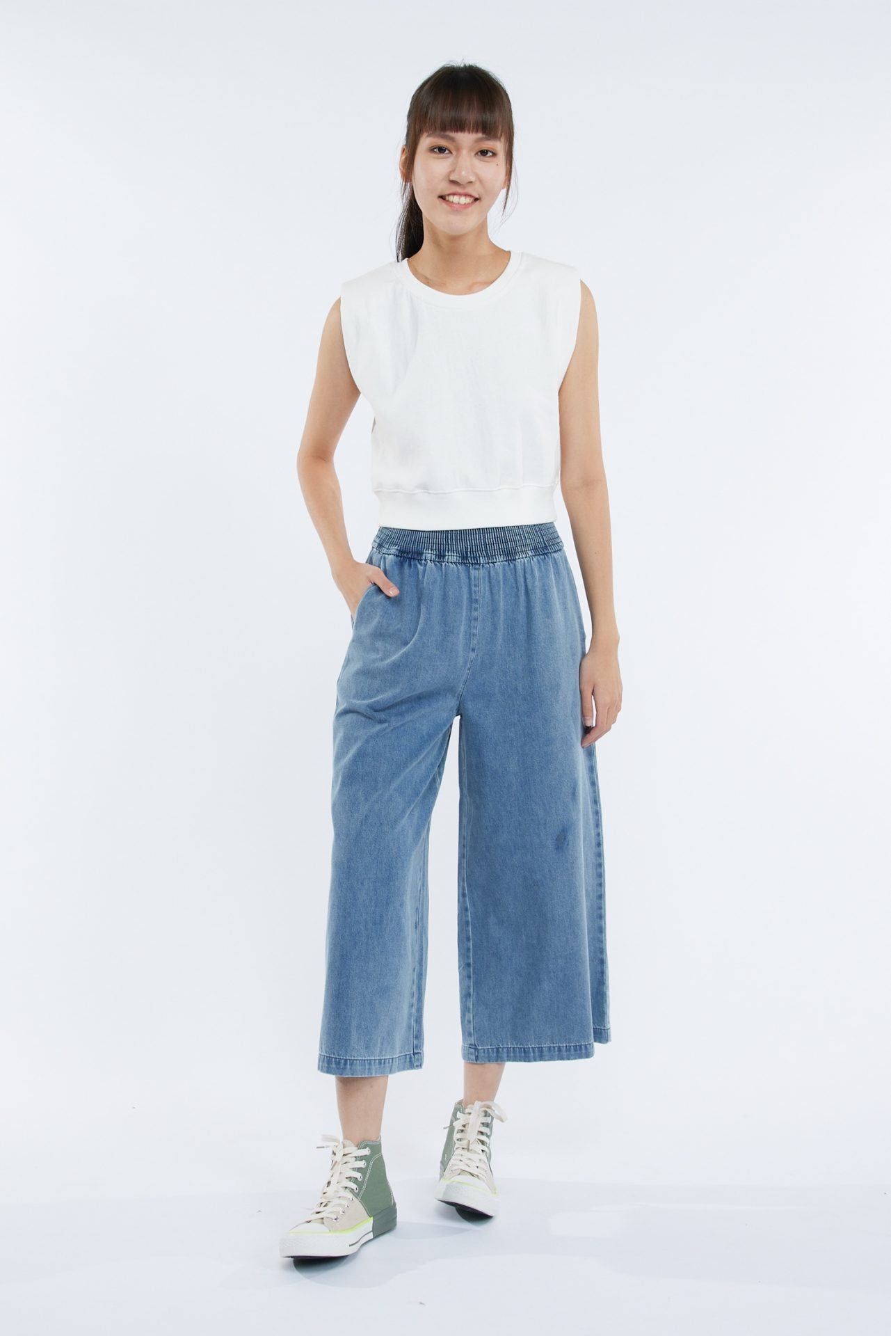 Denim Smocked Waist Pants - Denim