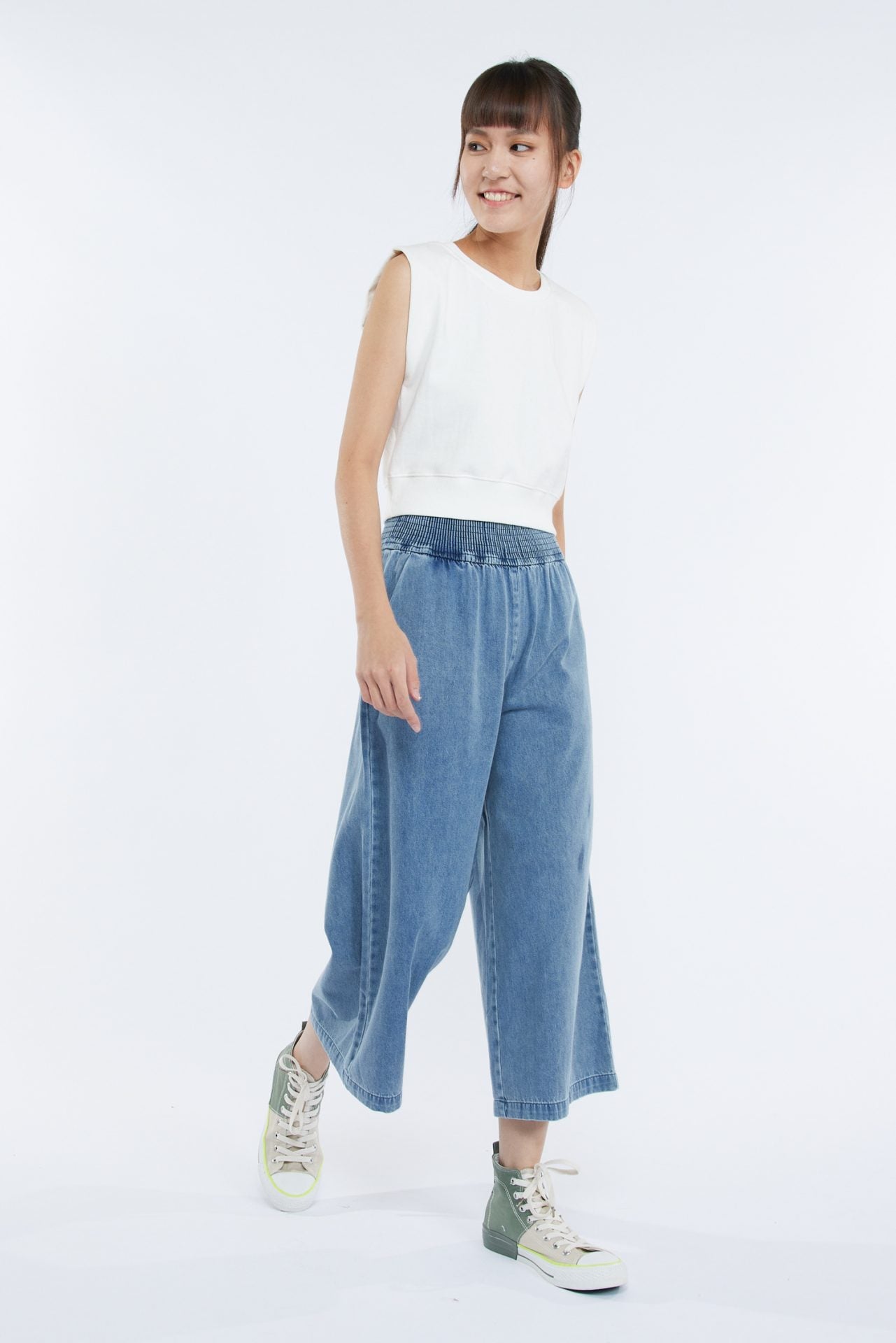 Denim Smocked Waist Pants - Denim