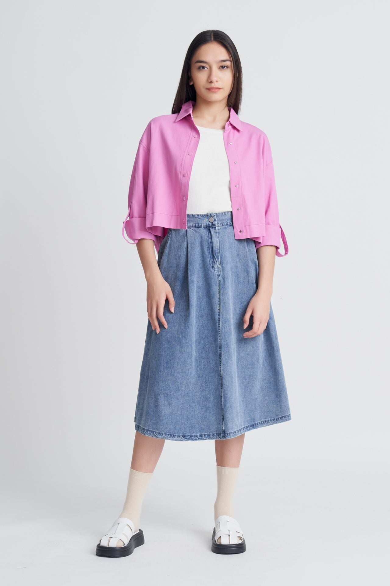 Denim Pleated Flared Midi Skirt