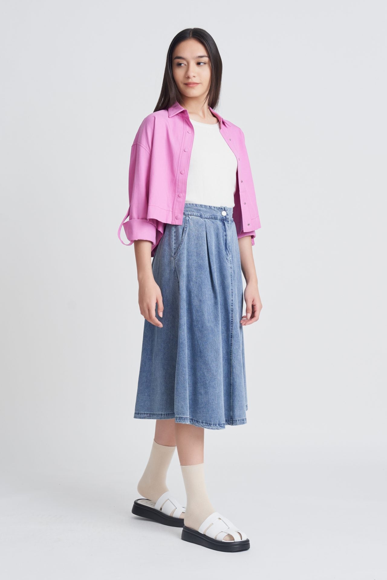 Denim Pleated Flared Midi Skirt