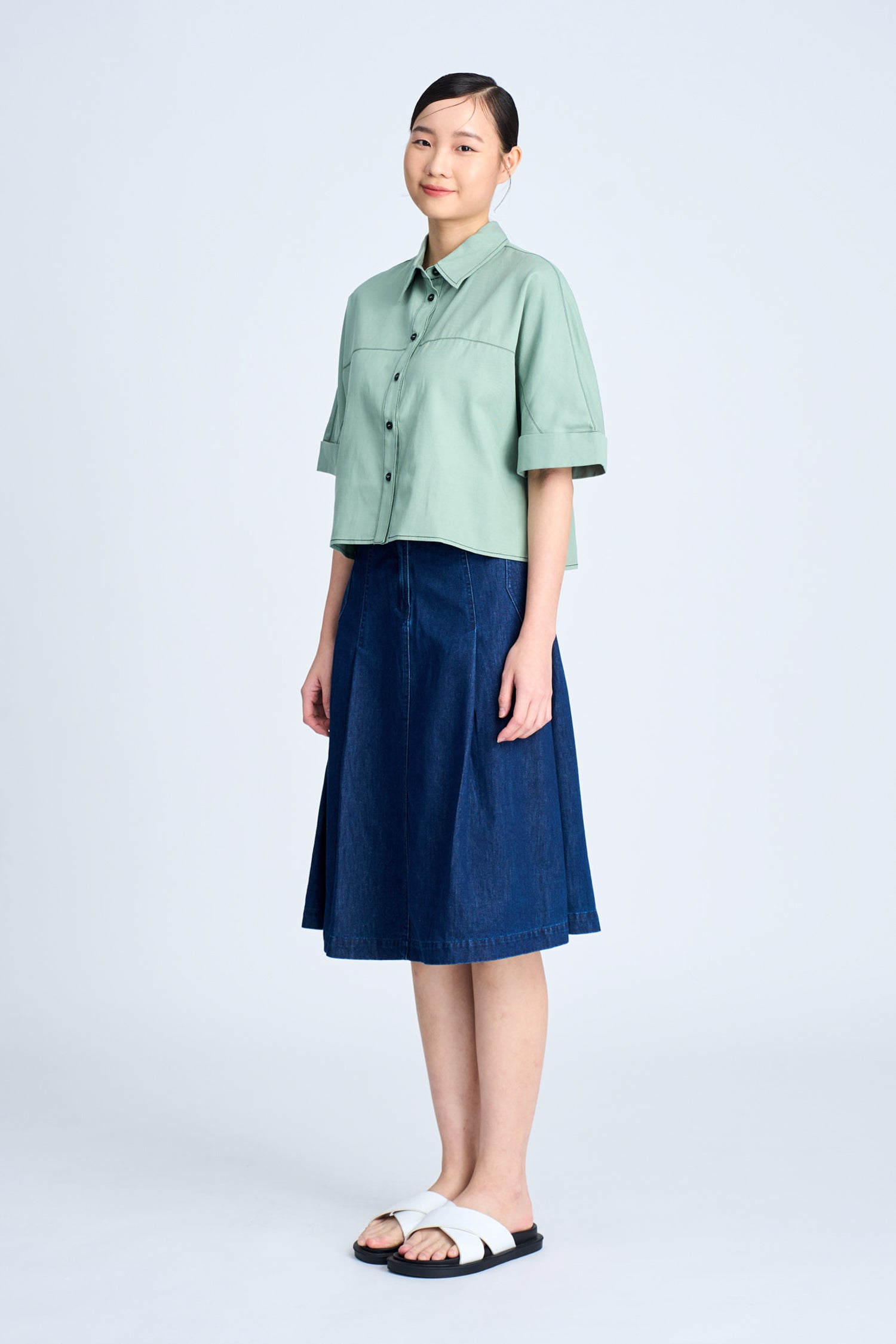 Denim Buckle Pleated Skirt - Dark Denim