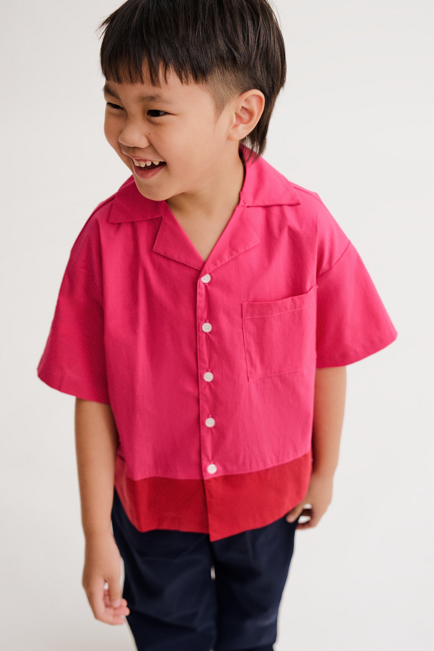 Colour Block Open Collar Shirt - Fuschia