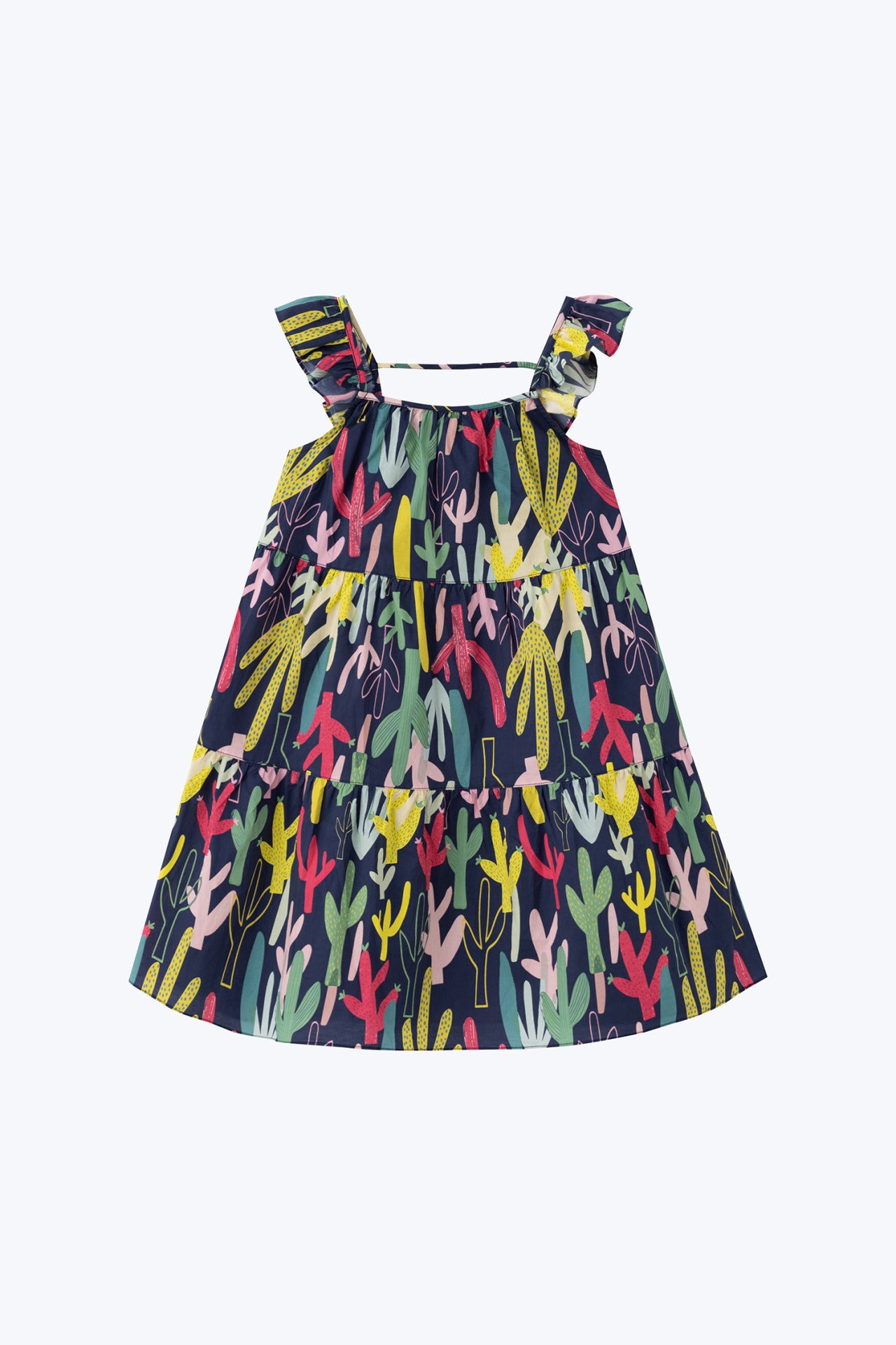 Ruffled Sleeves Cactus Print Tiered Dress