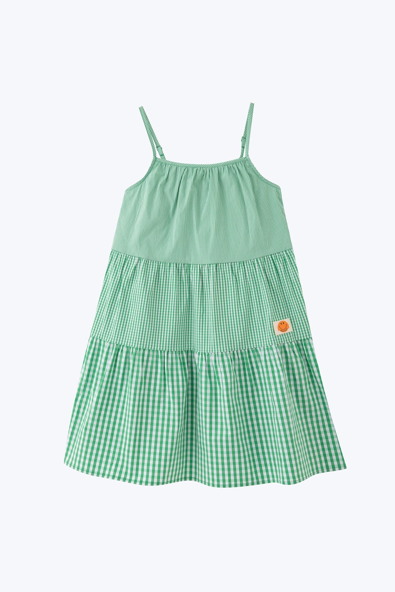 Gingham Tiered Strap Tie Dress - Checkered Green