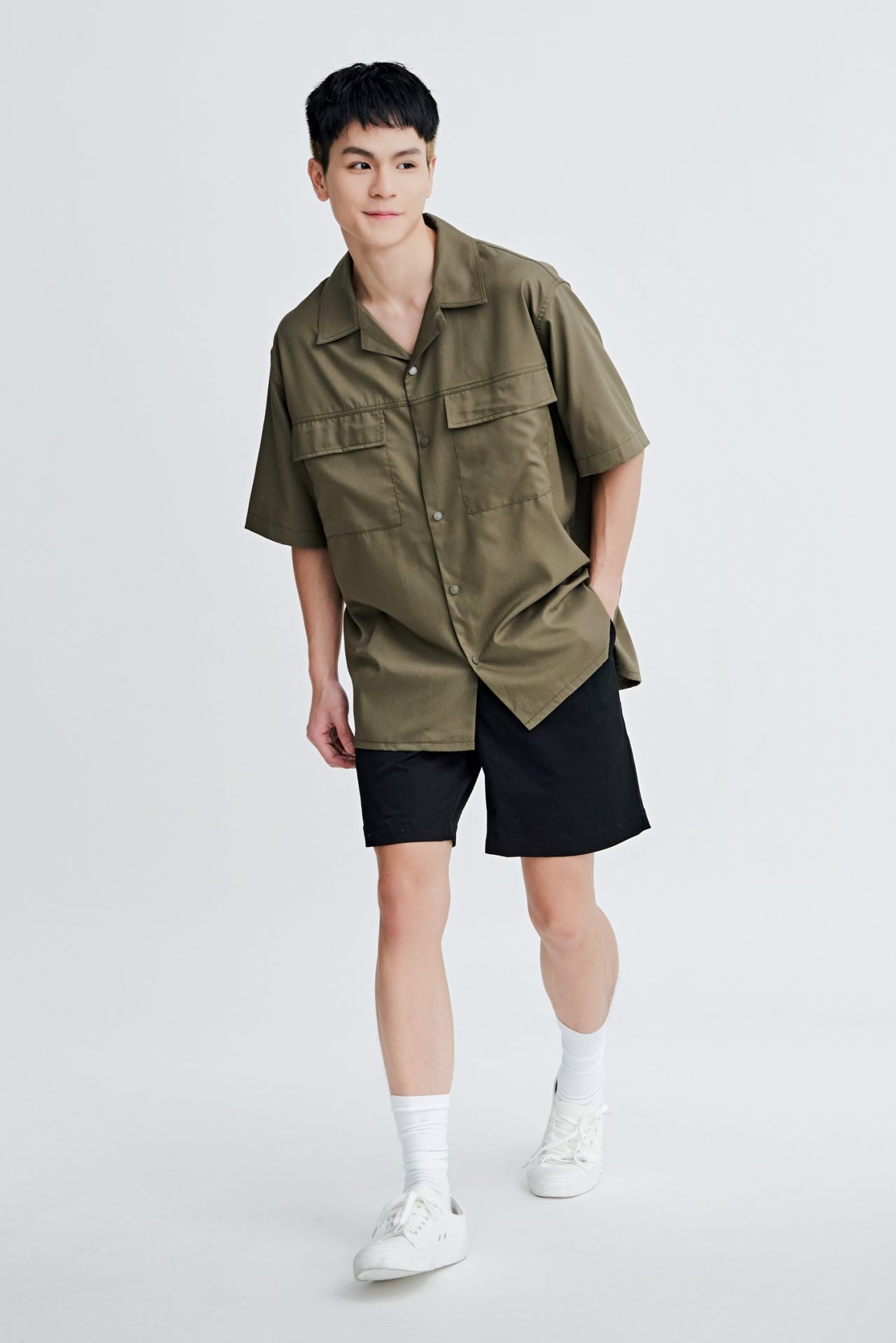 Relaxed Fit Open Collar Top w/ Pocket Flap - Army Green