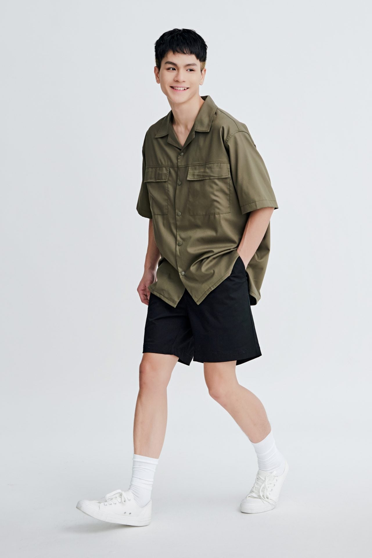 Relaxed Fit Open Collar Top w/ Pocket Flap - Army Green