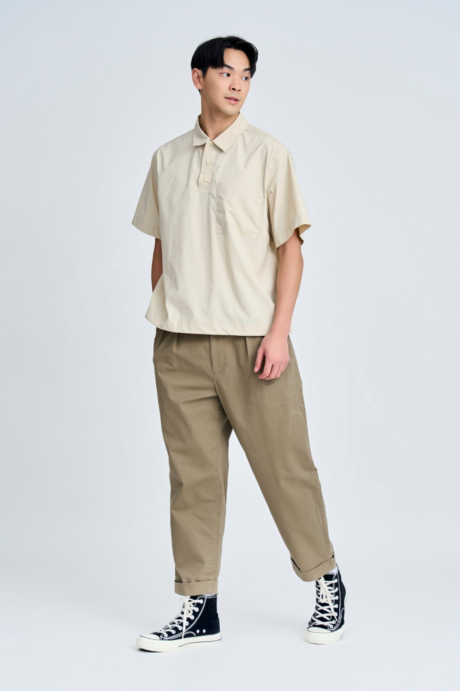 Relaxed Fit Utility Polo Tee - Beige