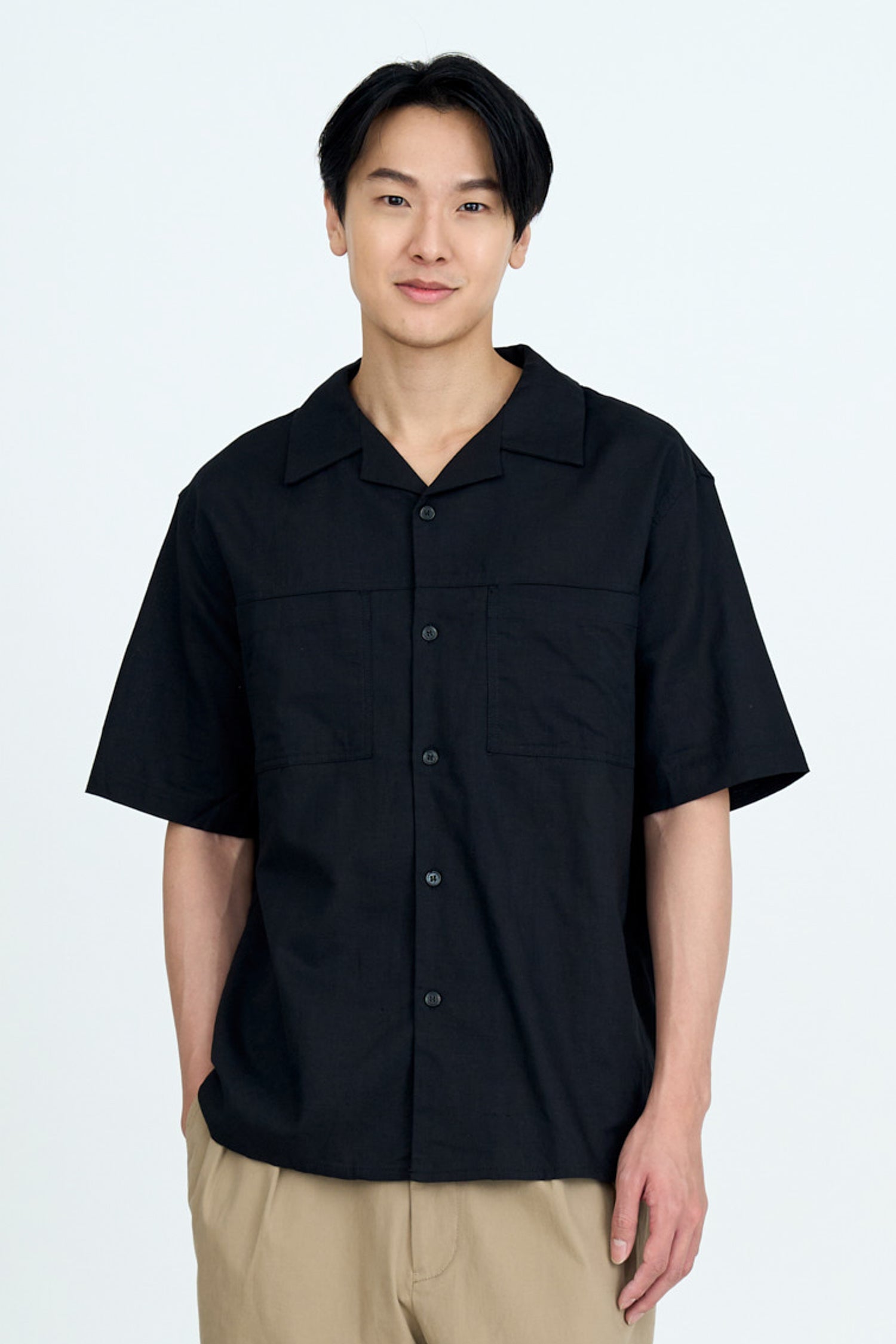 Relaxed-Fit Open Collar Shirt - Black