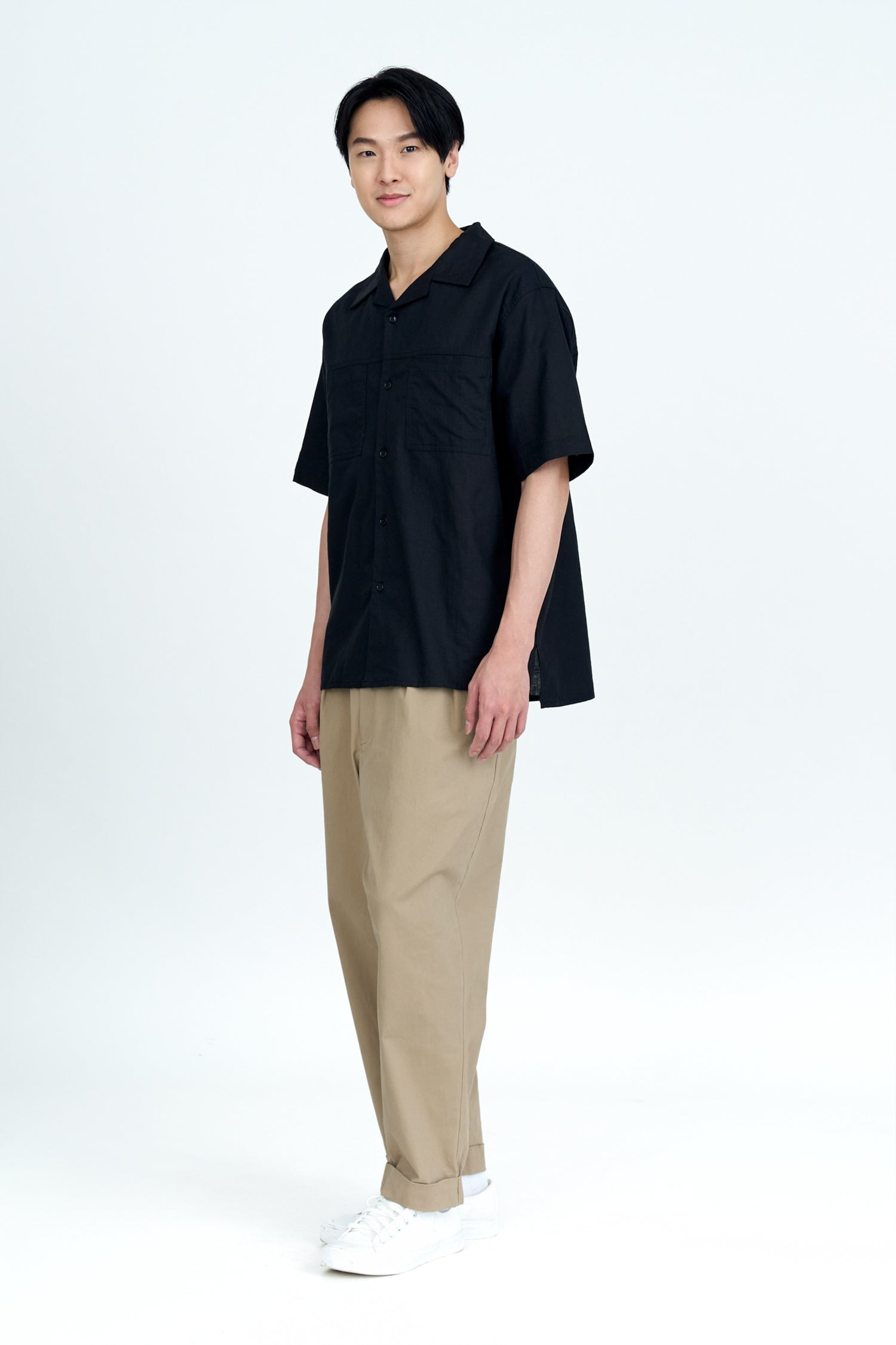 Relaxed-Fit Open Collar Shirt - Black