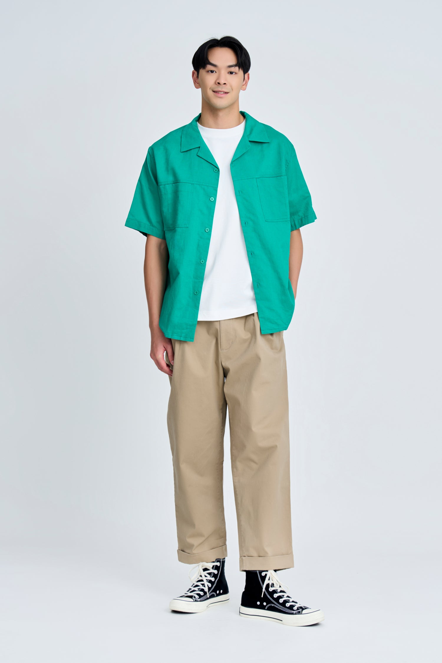 Relaxed-Fit Open Collar Shirt - Forest Green