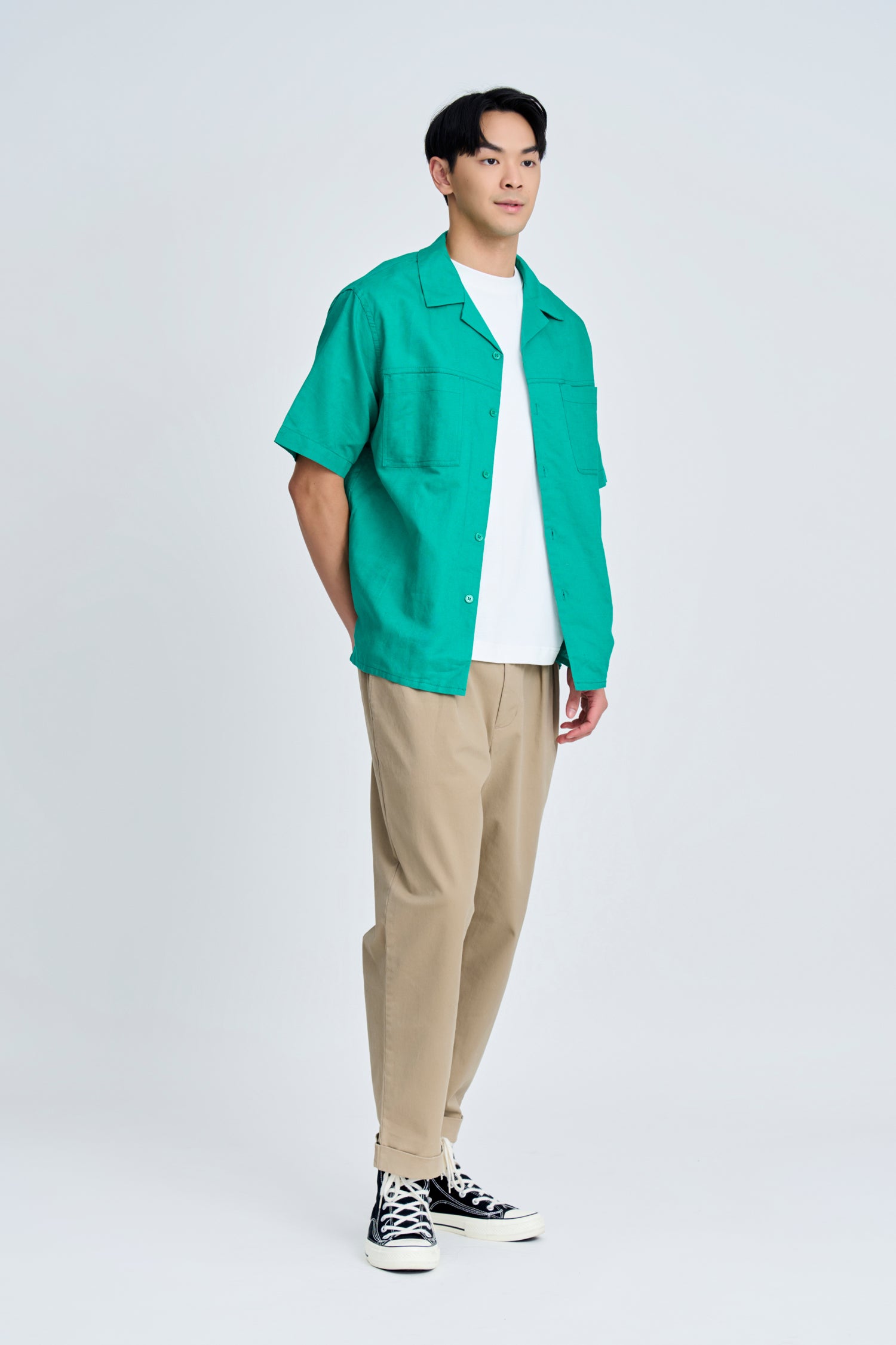 Relaxed-Fit Open Collar Shirt - Forest Green