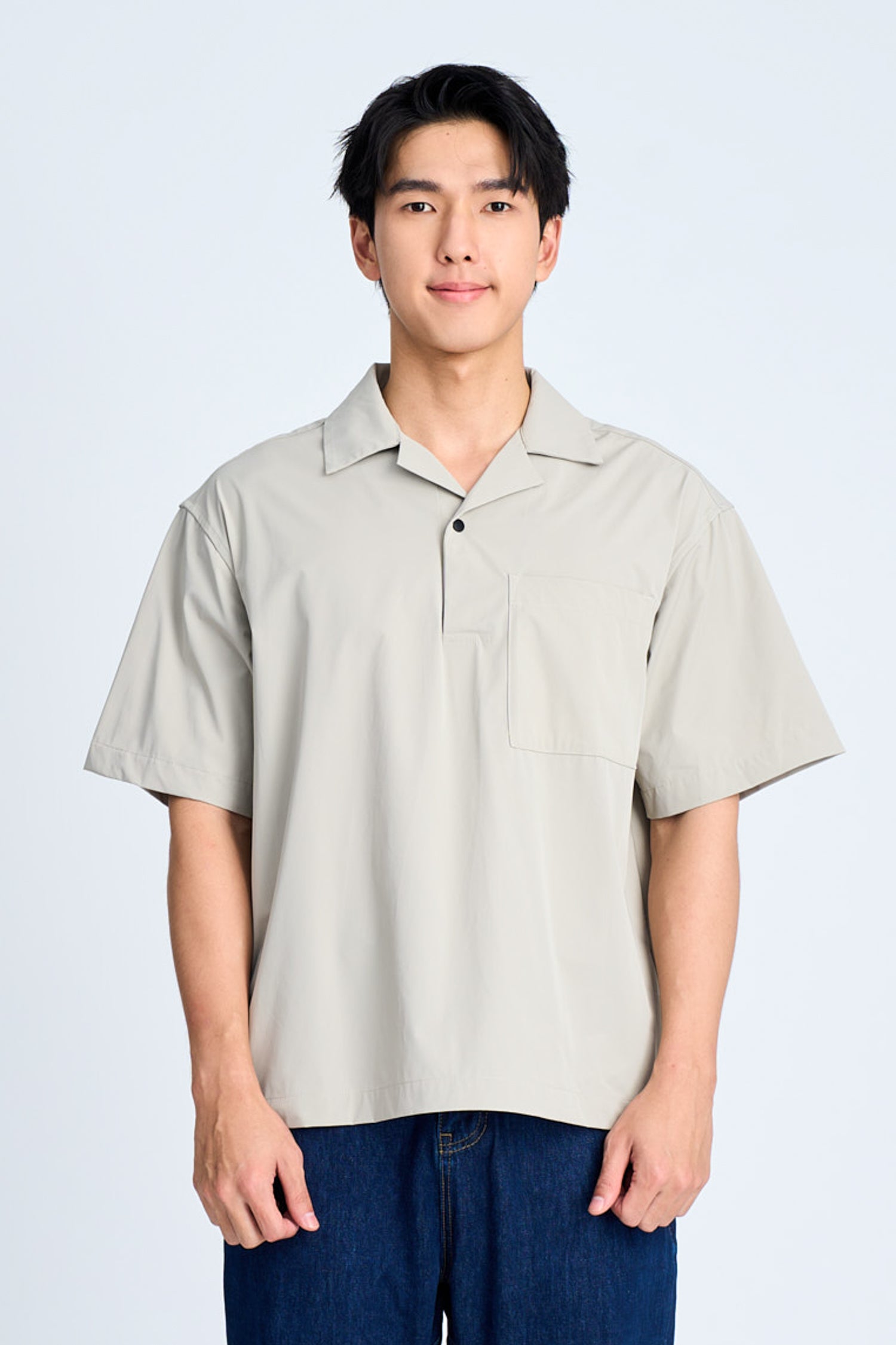 Relaxed Fit Cuban Collar Short Sleeve Shirt - Light Grey