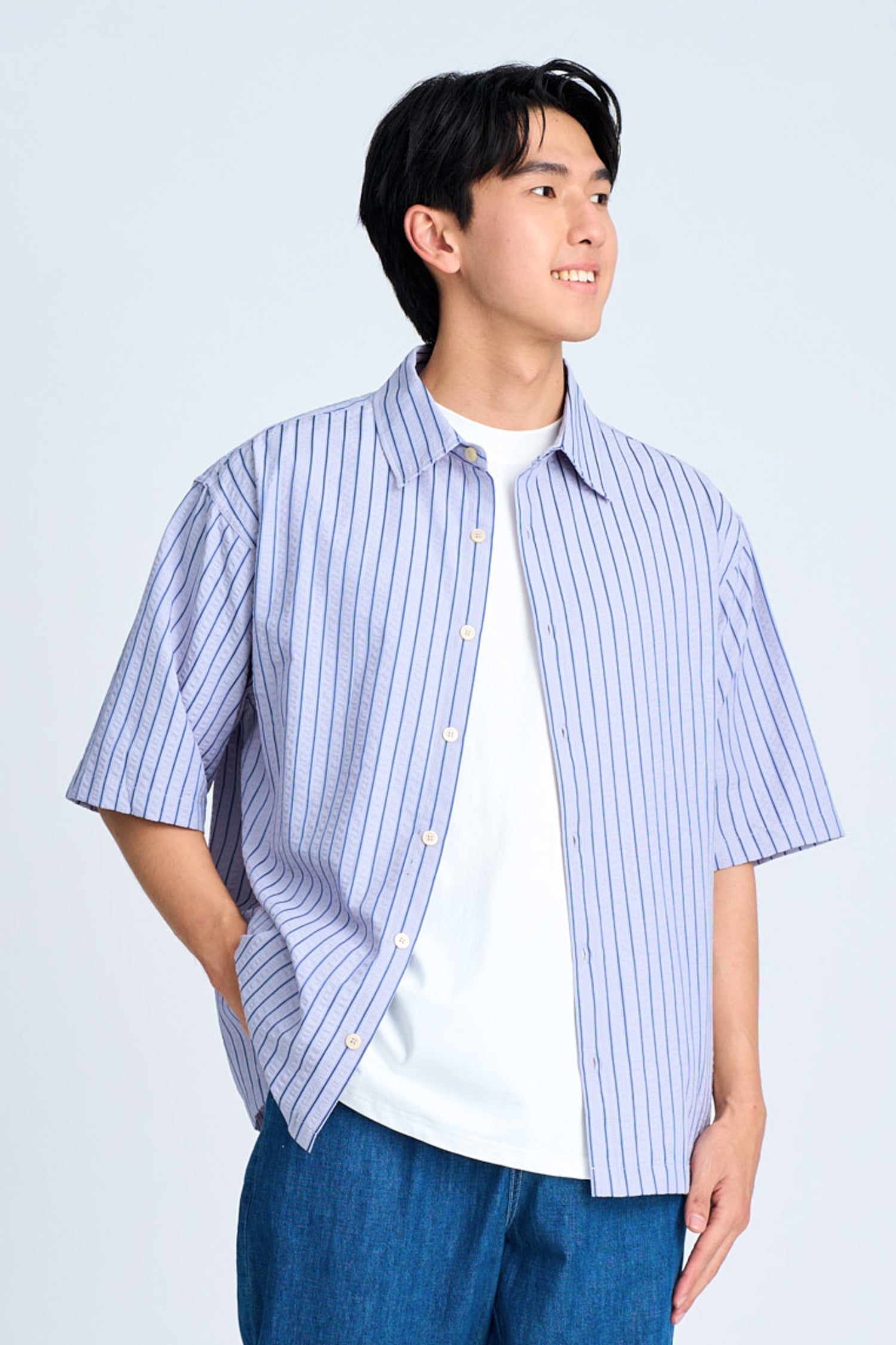 Seersucker Stripes Relaxed Cut Shirt - Stripes Blue